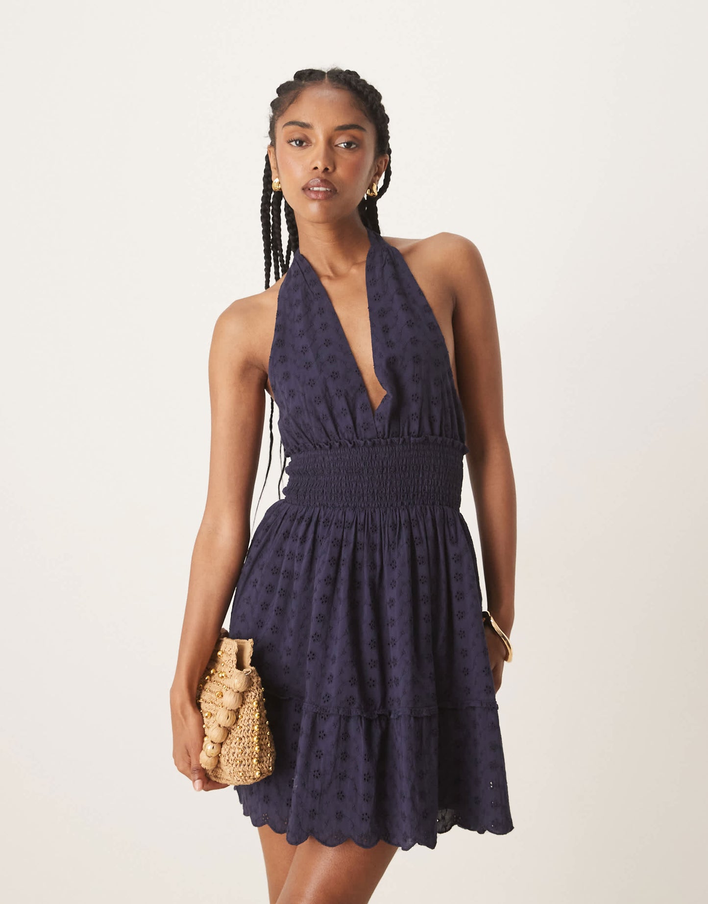 Iisla & Bird halterneck broderie mini beach dress in navy
