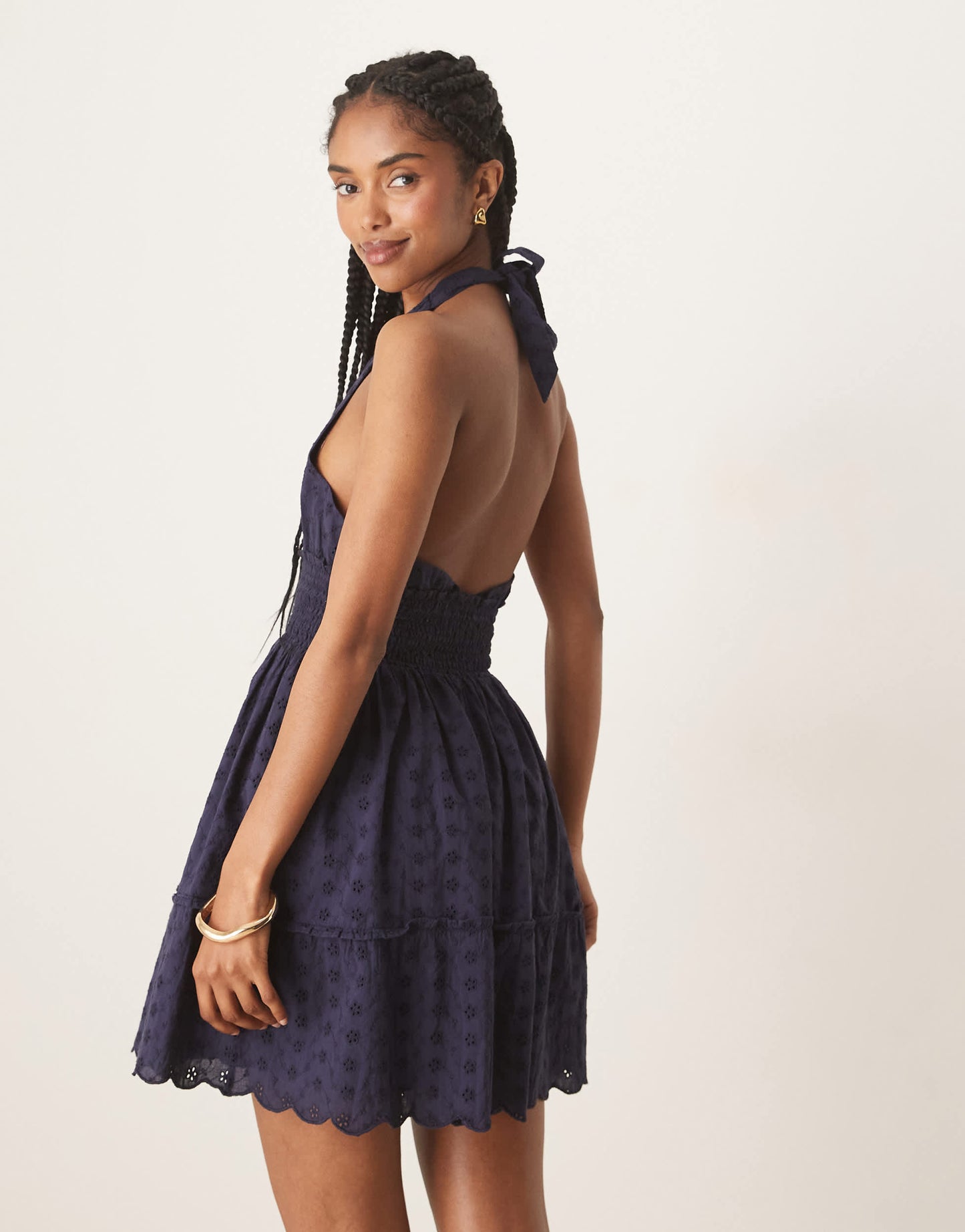 Iisla & Bird halterneck broderie mini beach dress in navy