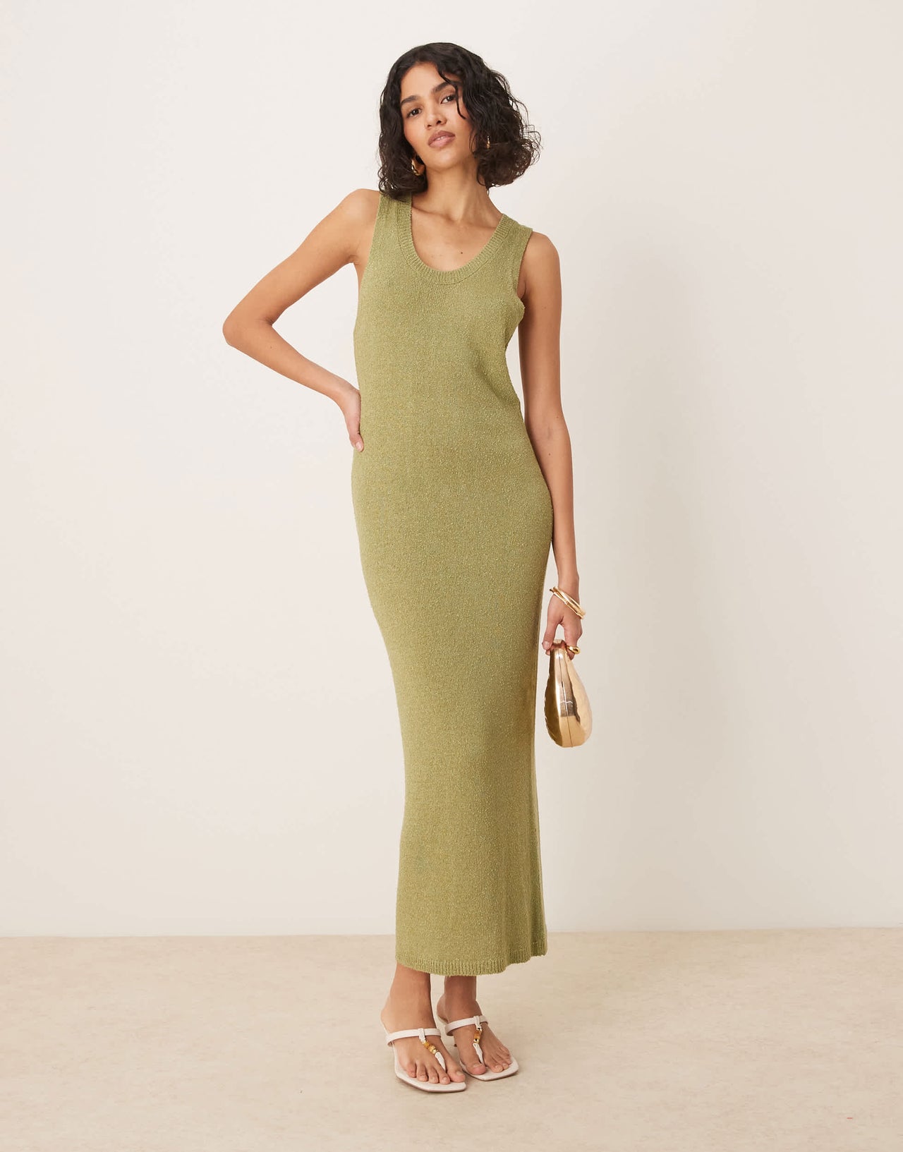 ASOS DESIGN knitted scoop neck textured midaxi dress in green