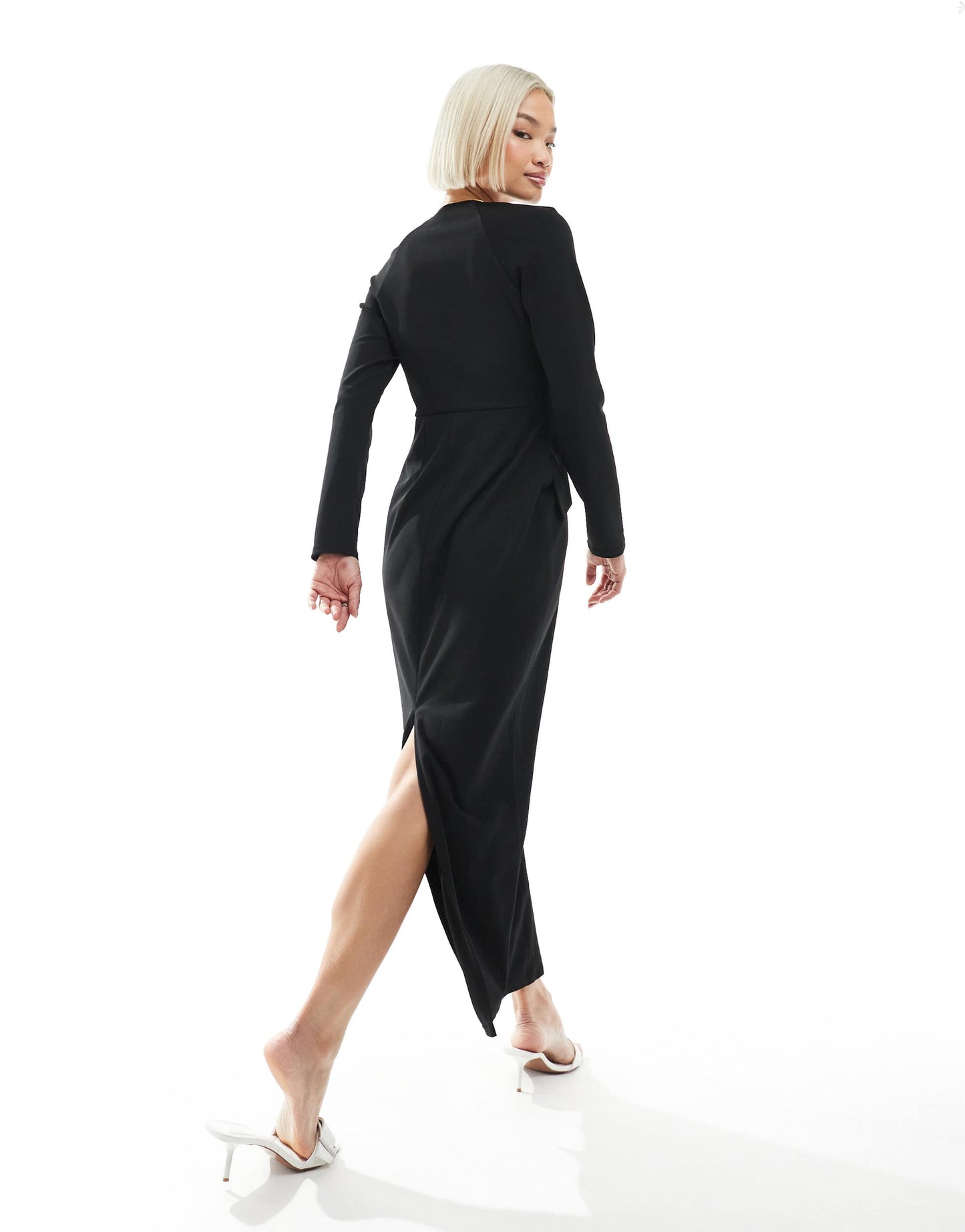 ASOS DESIGN long sleeve seam detail v-neck midi dress in black