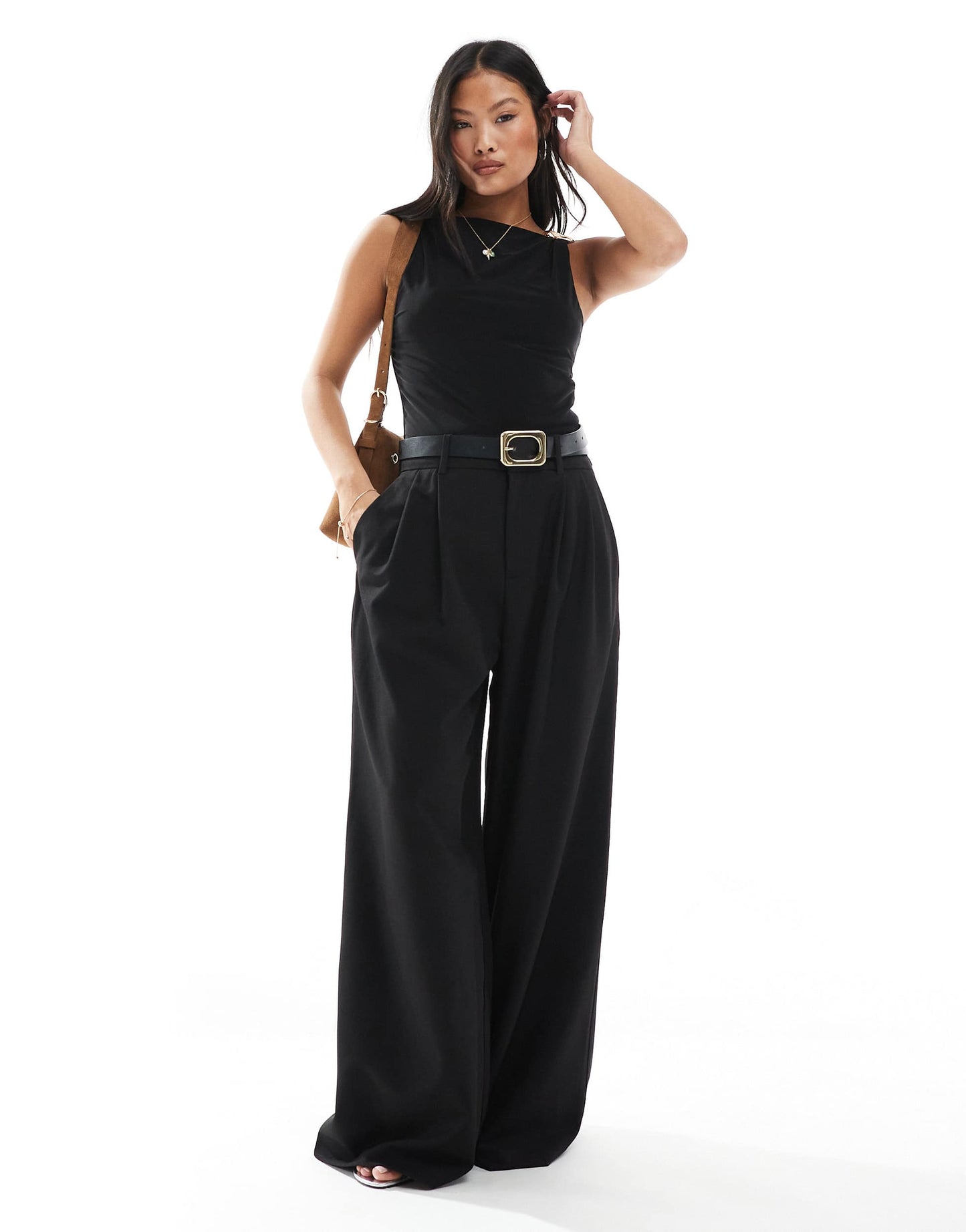Stradivarius Petite pleated wide leg trousers in black