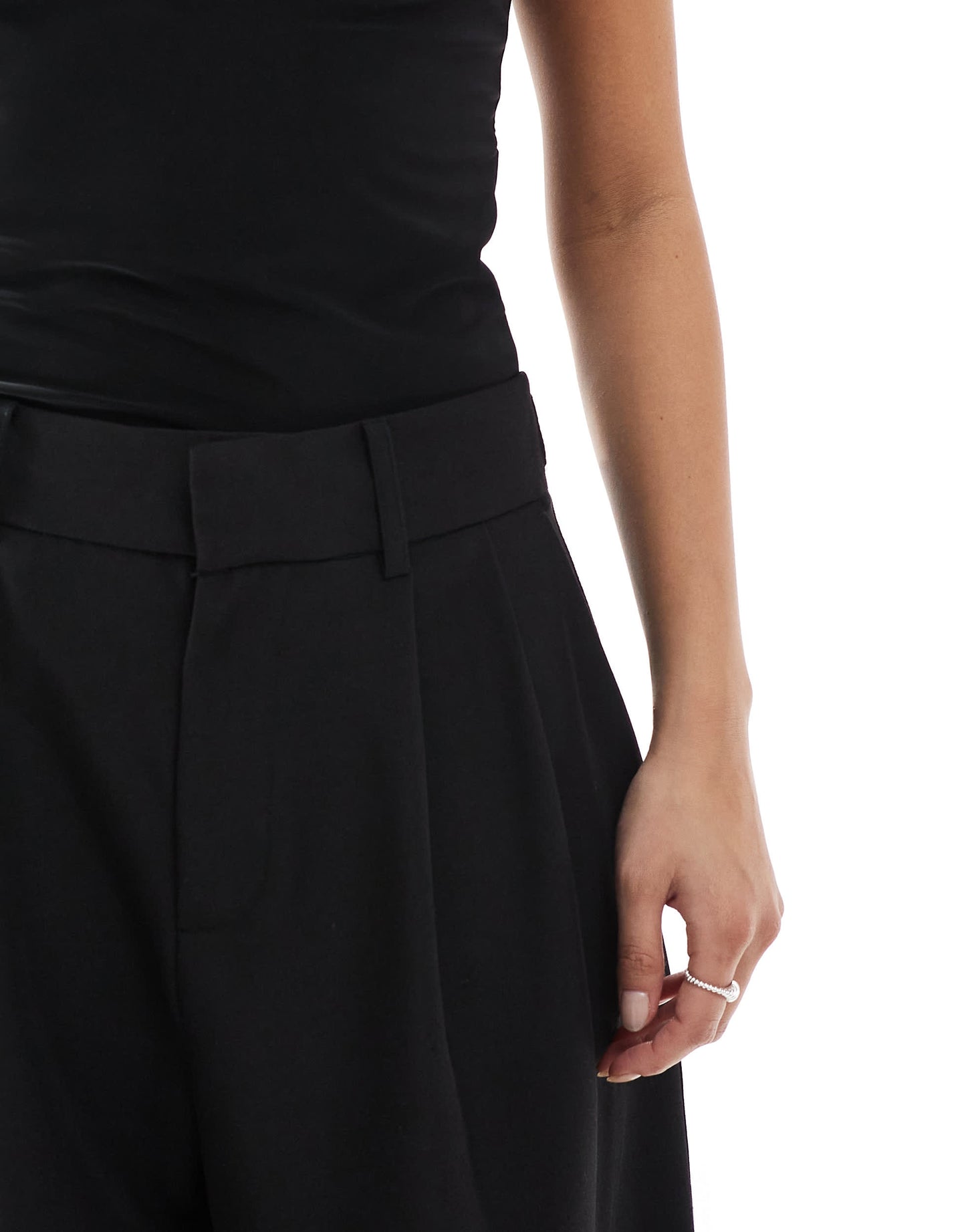 Stradivarius Petite pleated wide leg trousers in black
