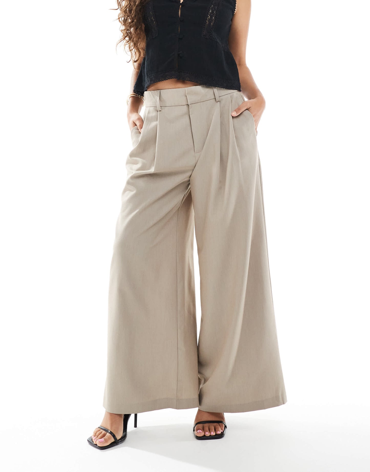 Stradivarius Petite pleated wide leg trousers in taupe