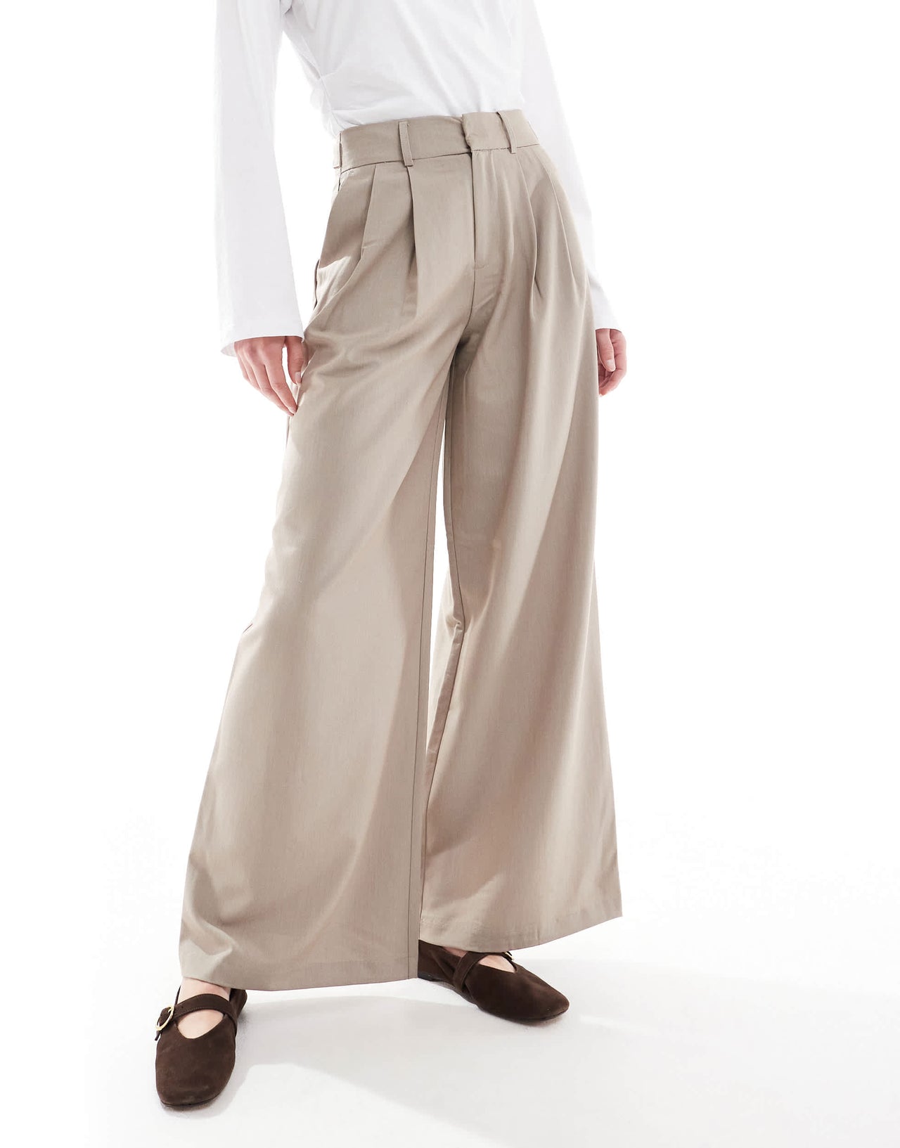 Stradivarius Tall pleated wide leg trousers in taupe