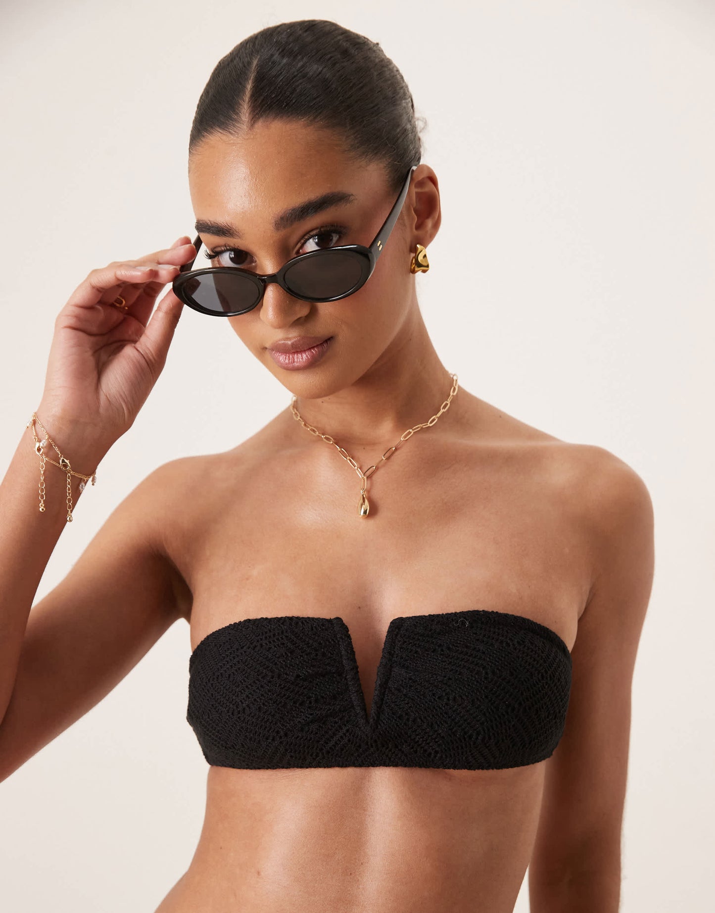 Stradivarius bandeau crochet bikini top in black
