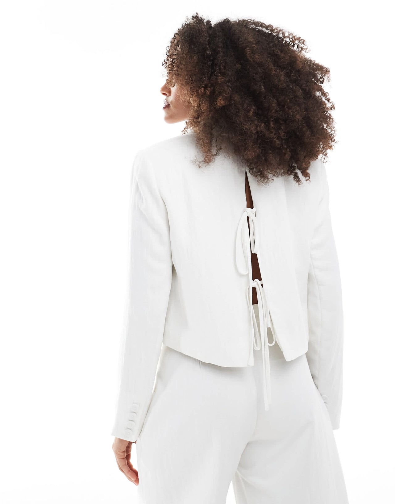 Stradivarius co ord crinkle cropped blazer in white