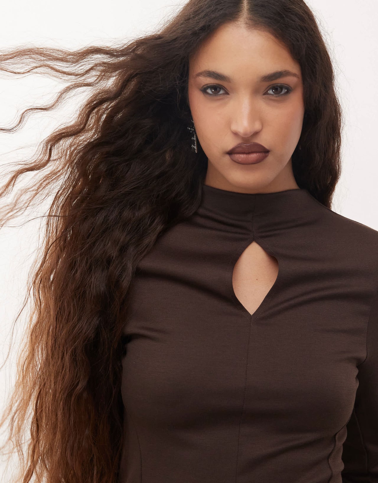 COLLUSION long sleeve high neck cut out fitted sporty top in chocolate co-ord