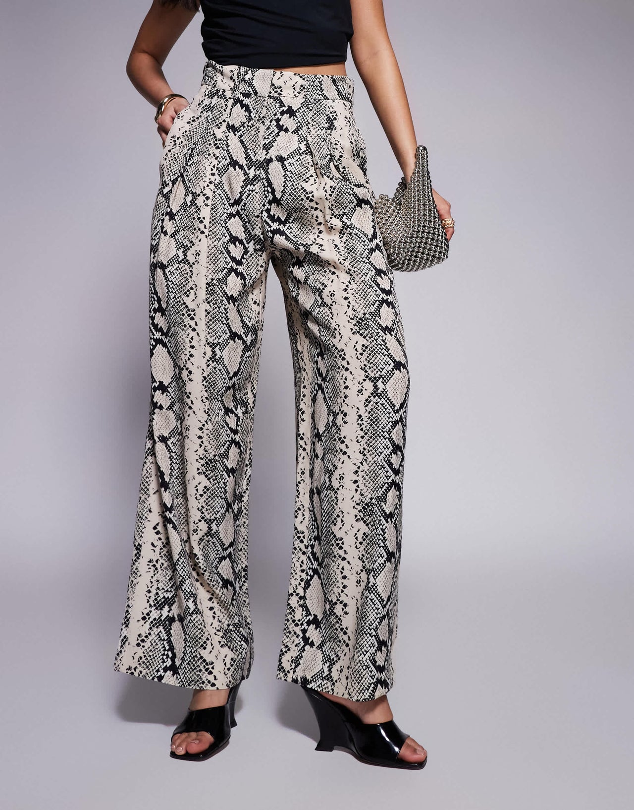 River Island snake print flare trouser in cream