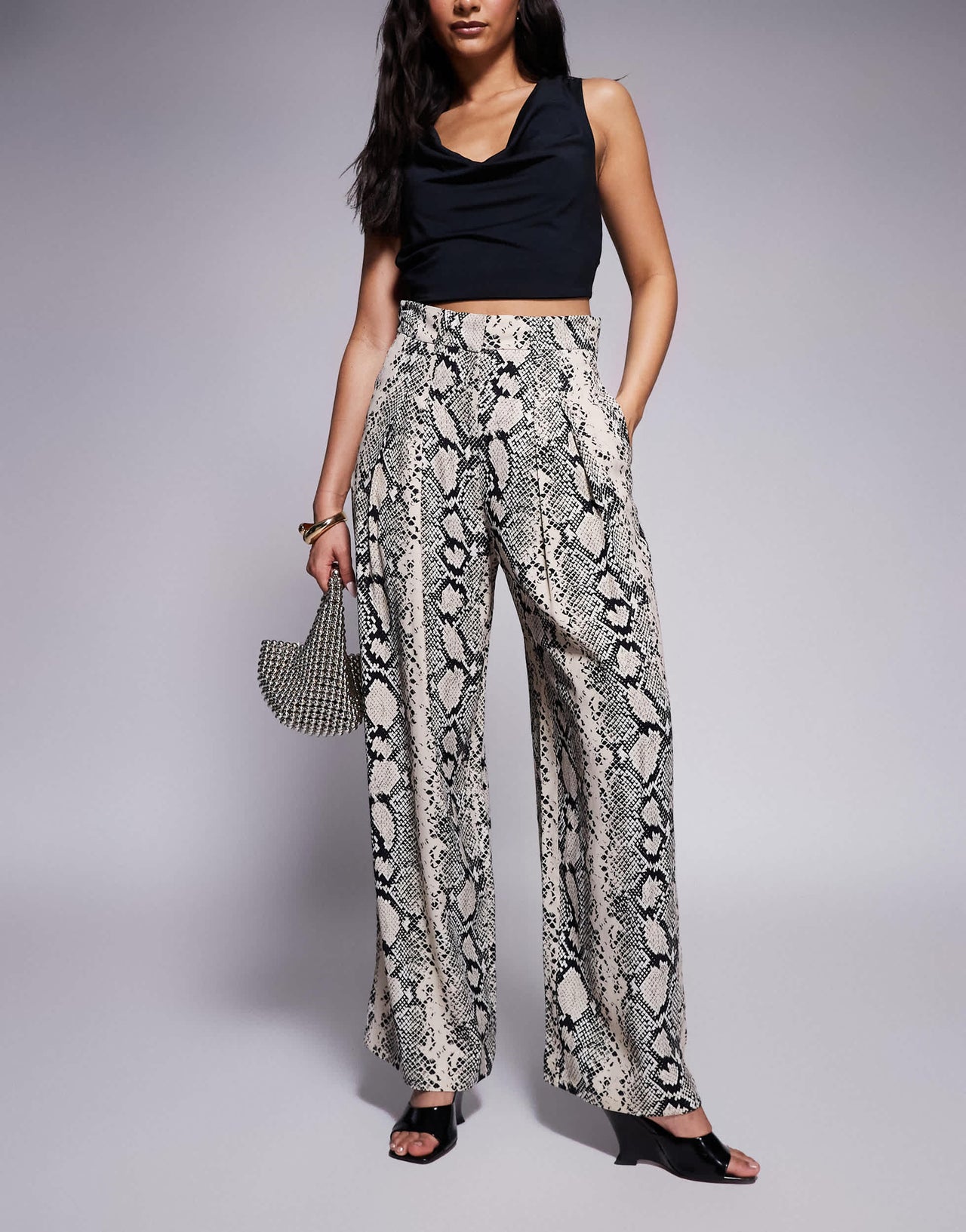 River Island snake print flare trouser in cream
