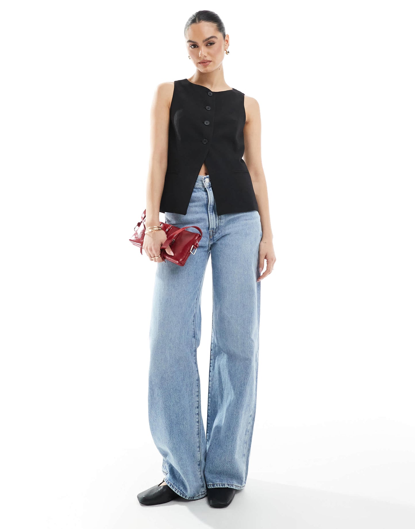 Stradivarius round neck waistcoat in black