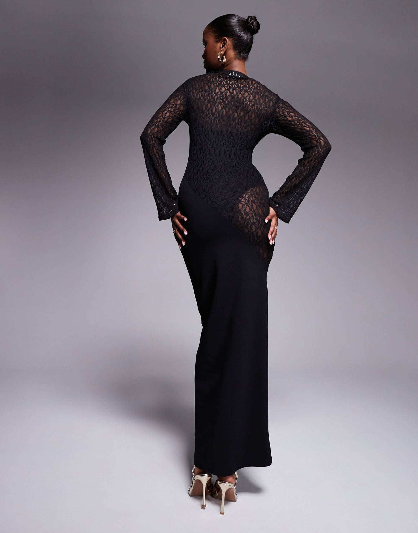 ASOS DESIGN long sleeve slash neck spliced lace mix maxi dress in black