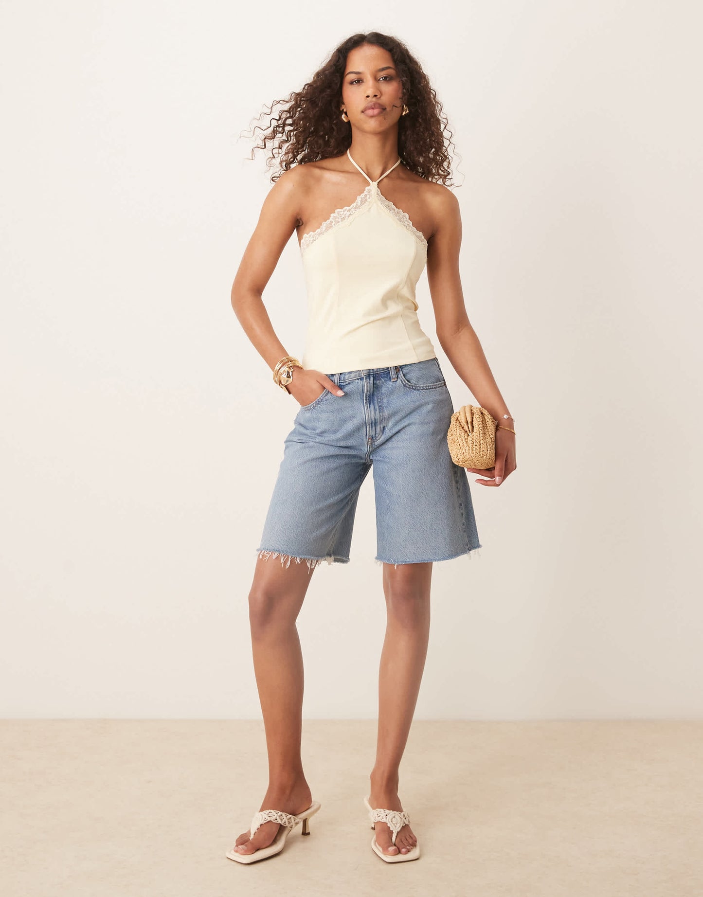 ASOS DESIGN slinky lace trim halter top in pale yellow
