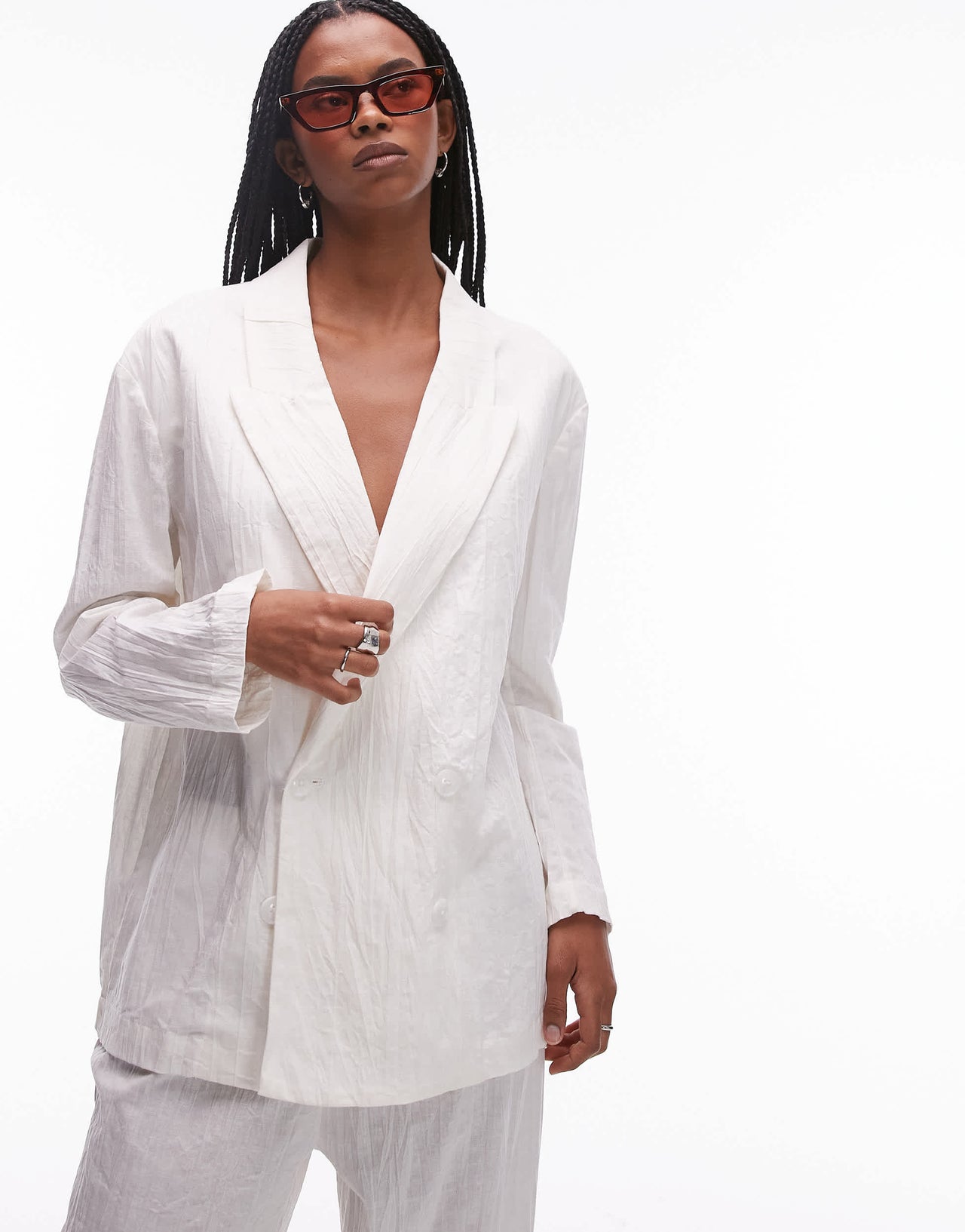 Mango plisse linen mix blazer co-ord in white