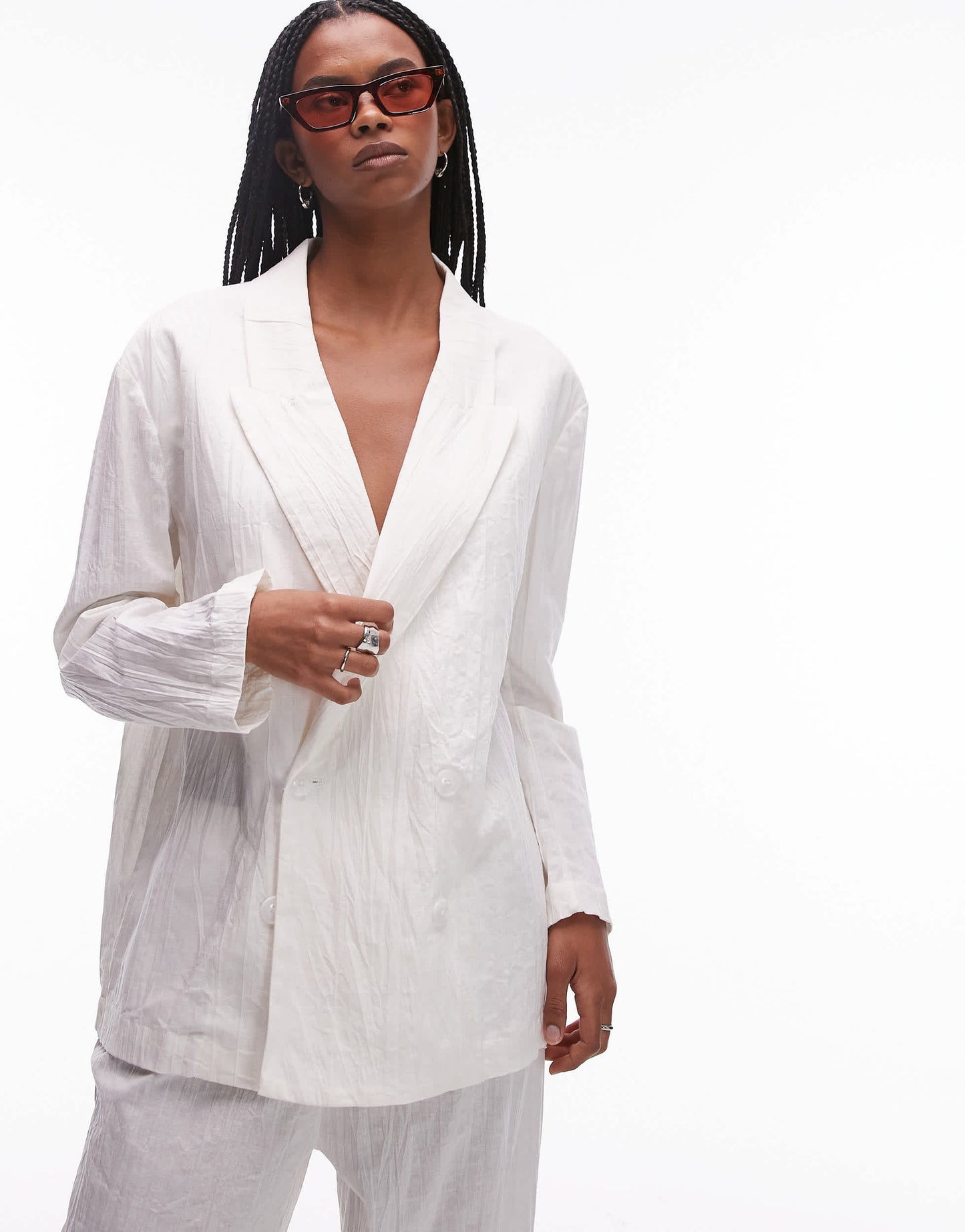 Mango plisse linen mix blazer co-ord in white