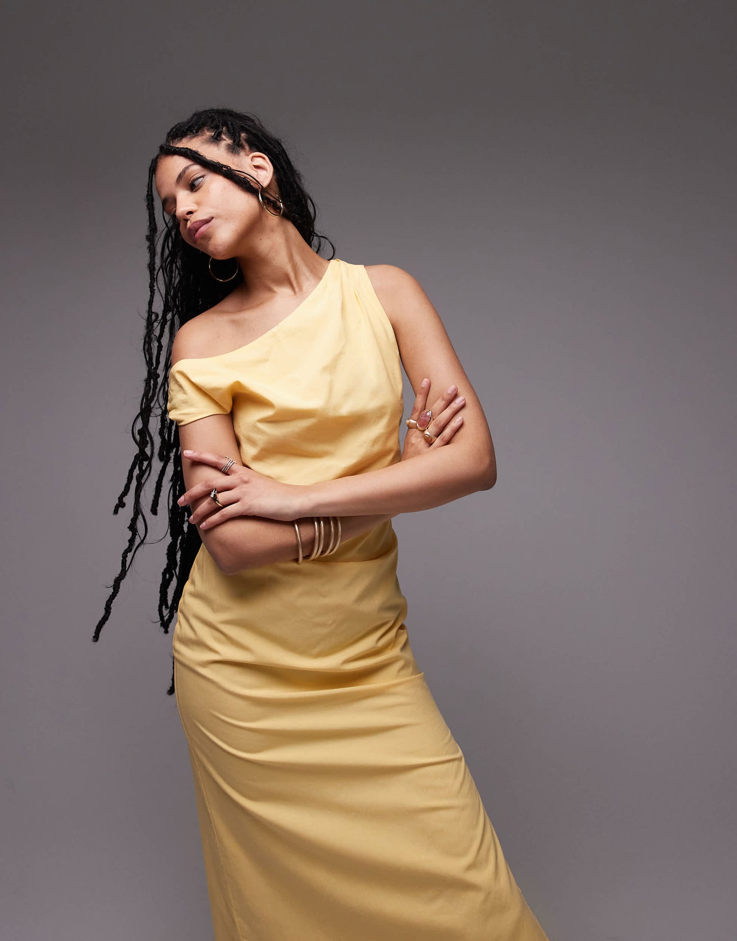 Mango fallen shoulder midi dress with ruched detail in butter yellow