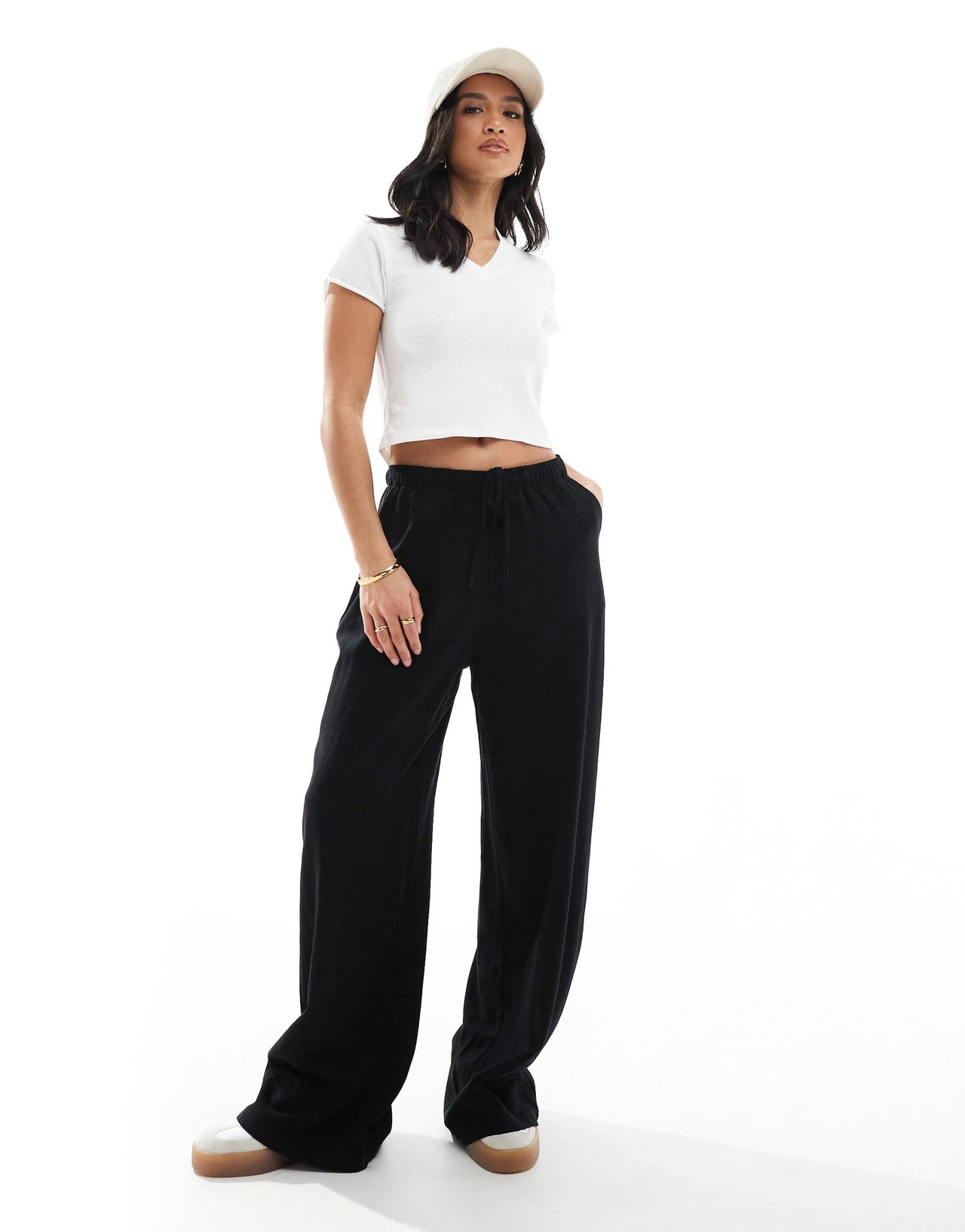 Stradivarius Petite linen look pull on trouser in black