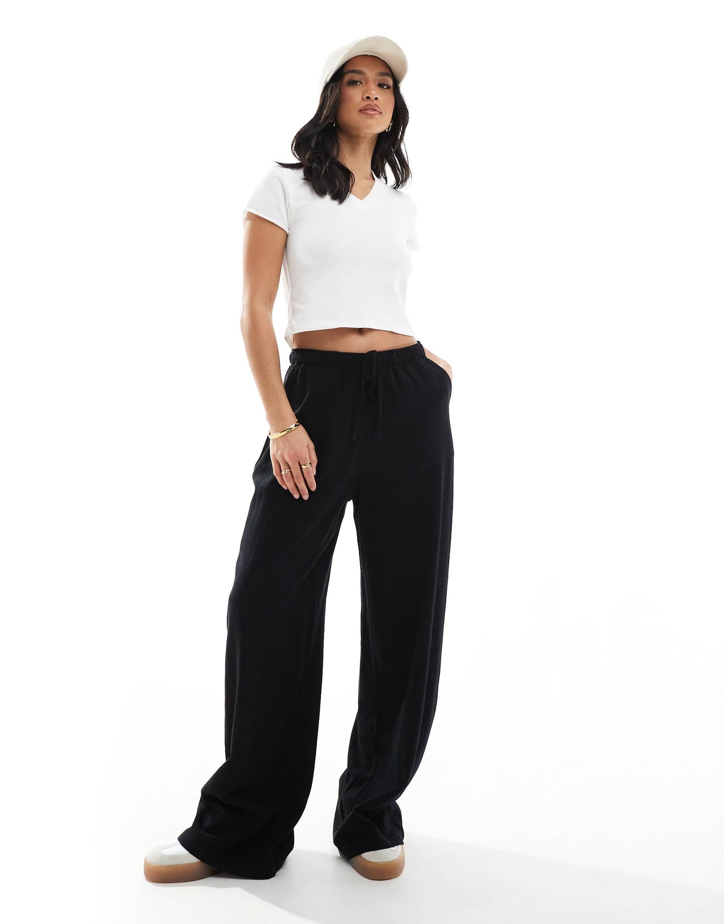 Stradivarius Petite linen look pull on trouser in black