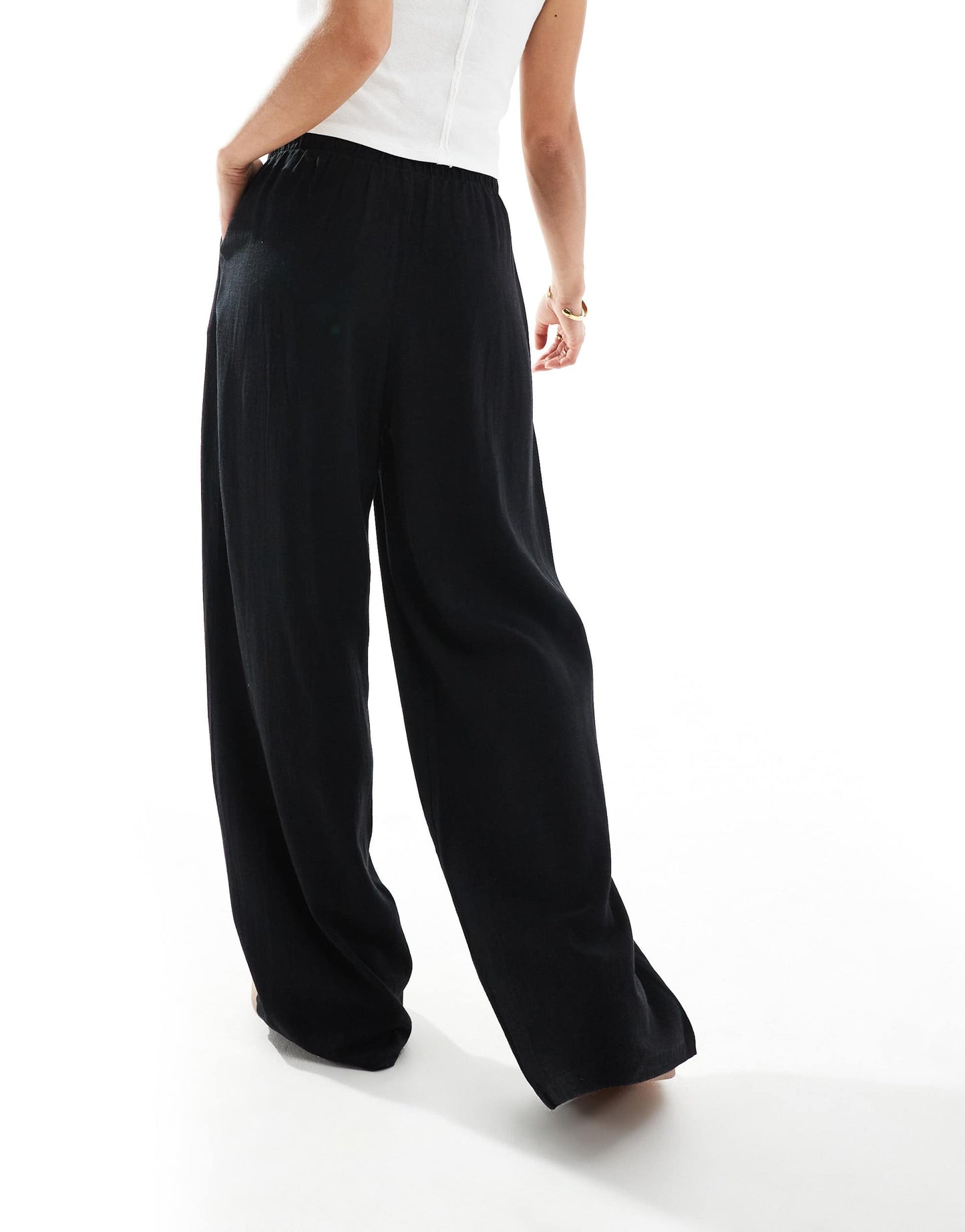 Stradivarius Petite linen look pull on trouser in black