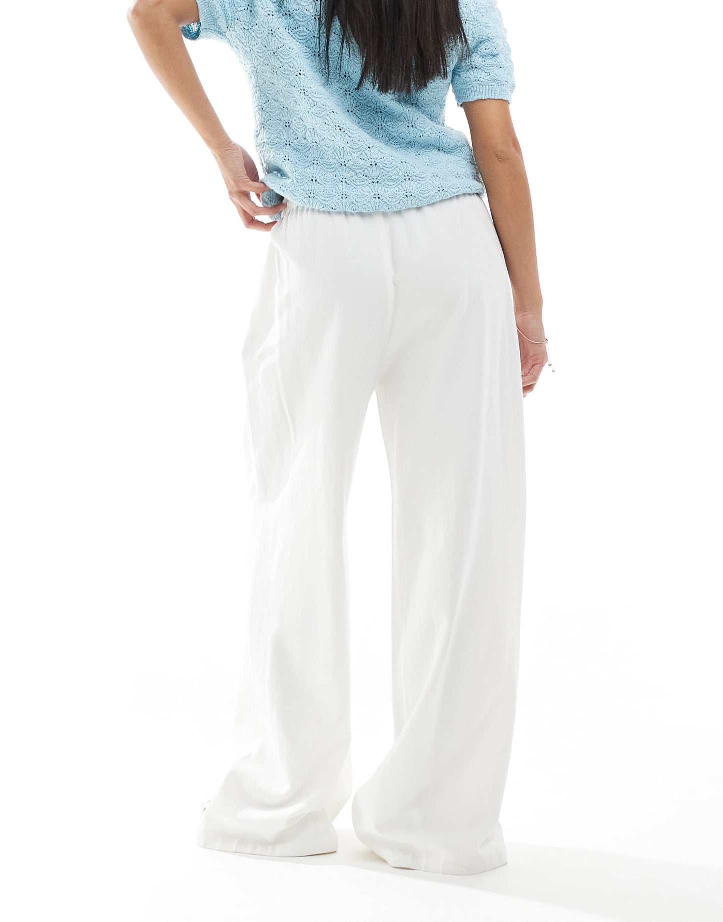 Stradivarius Petite linen look pull on trouser in white
