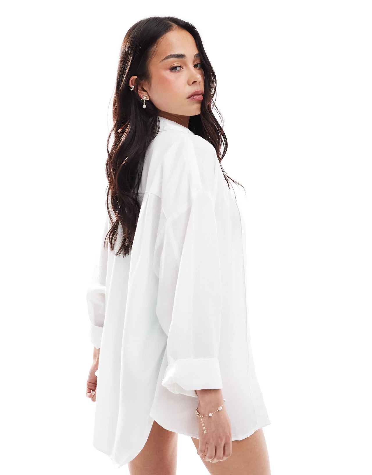 Stradivarius oversized linen look long sleeve shirt in white