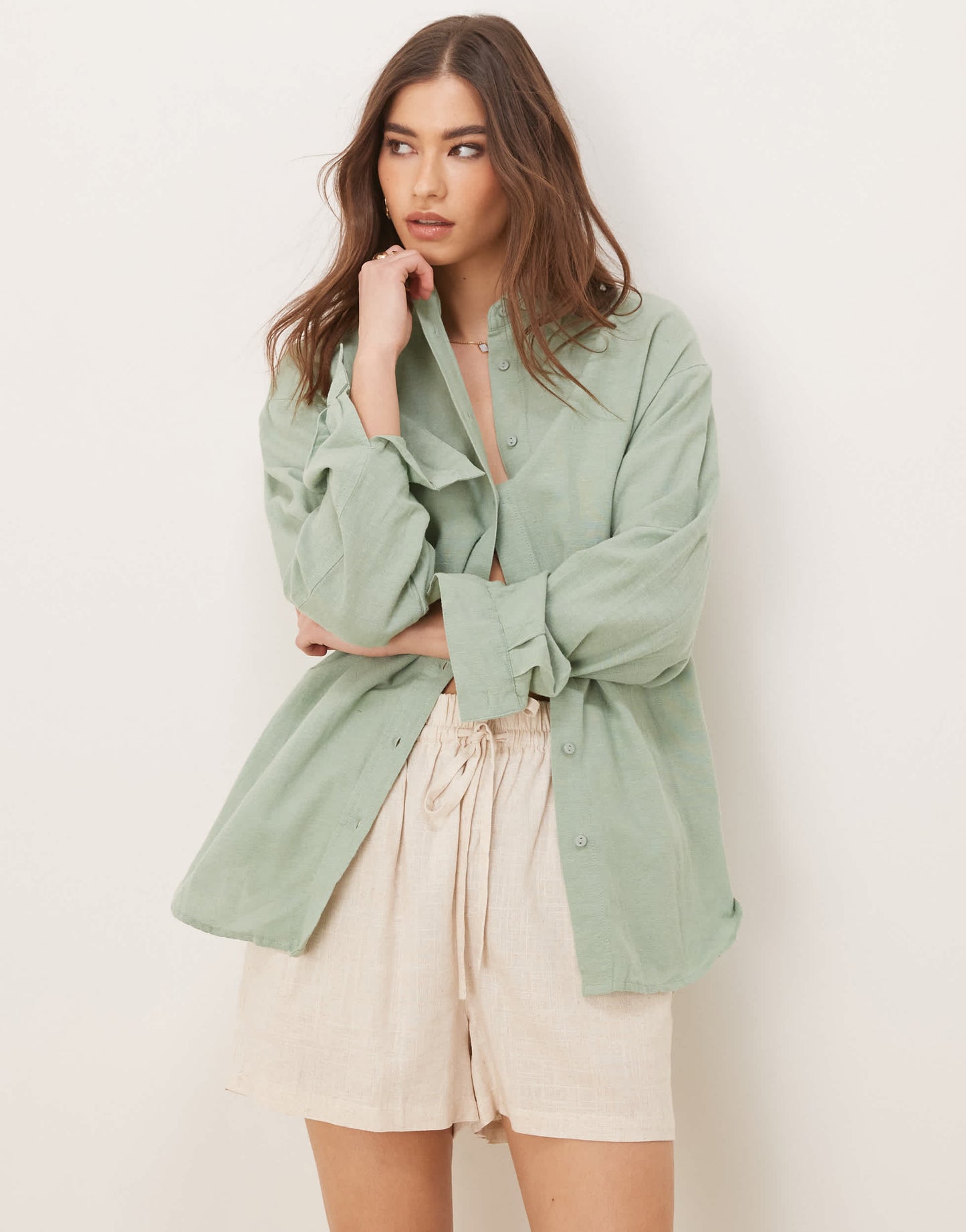 Stradivarius linen look long sleeve shirt in khaki