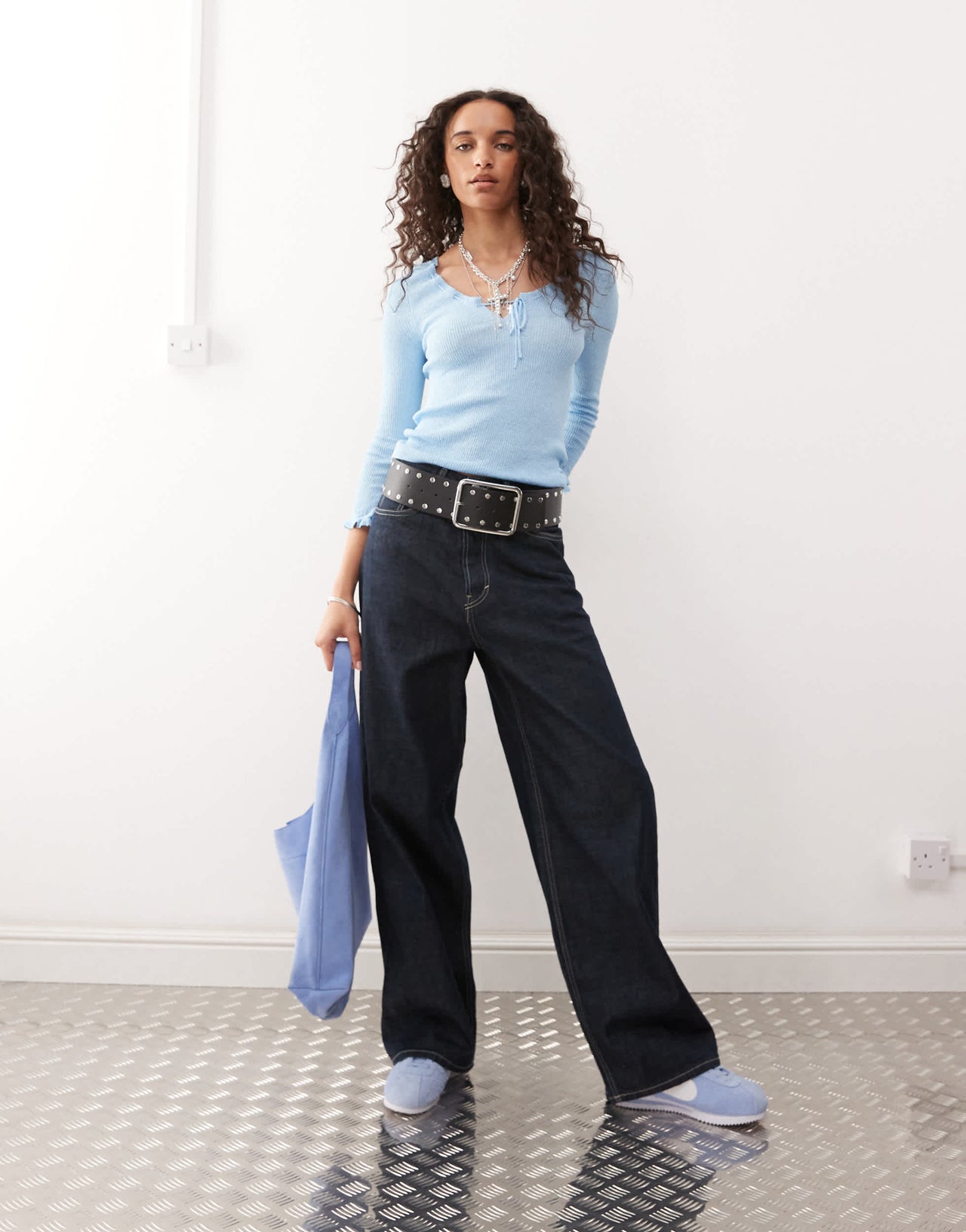 COLLUSION sheer knitted long sleeve top in baby blue