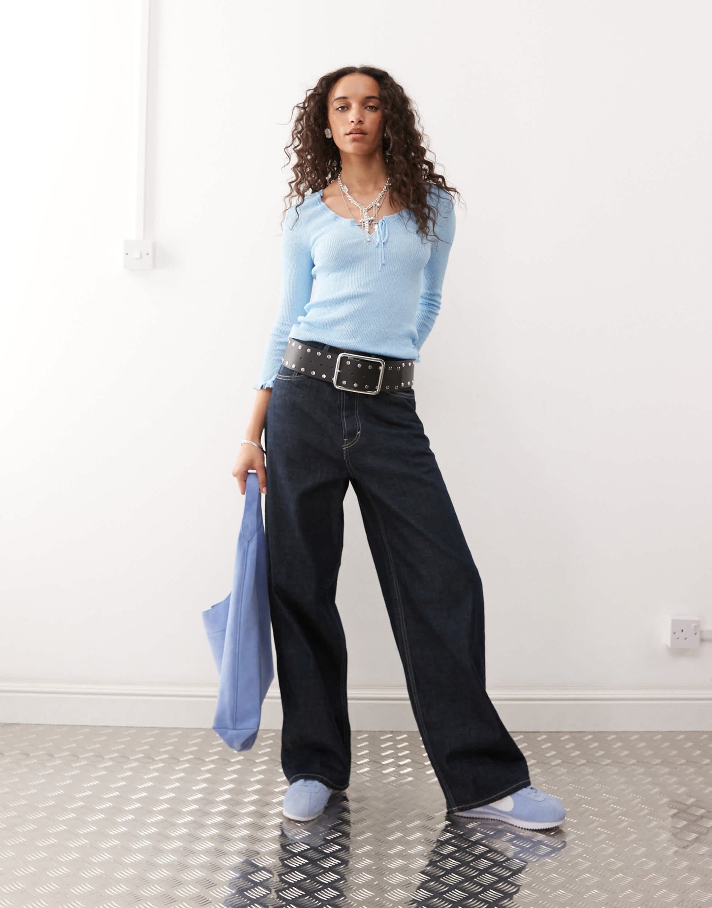 COLLUSION sheer knitted long sleeve top in baby blue
