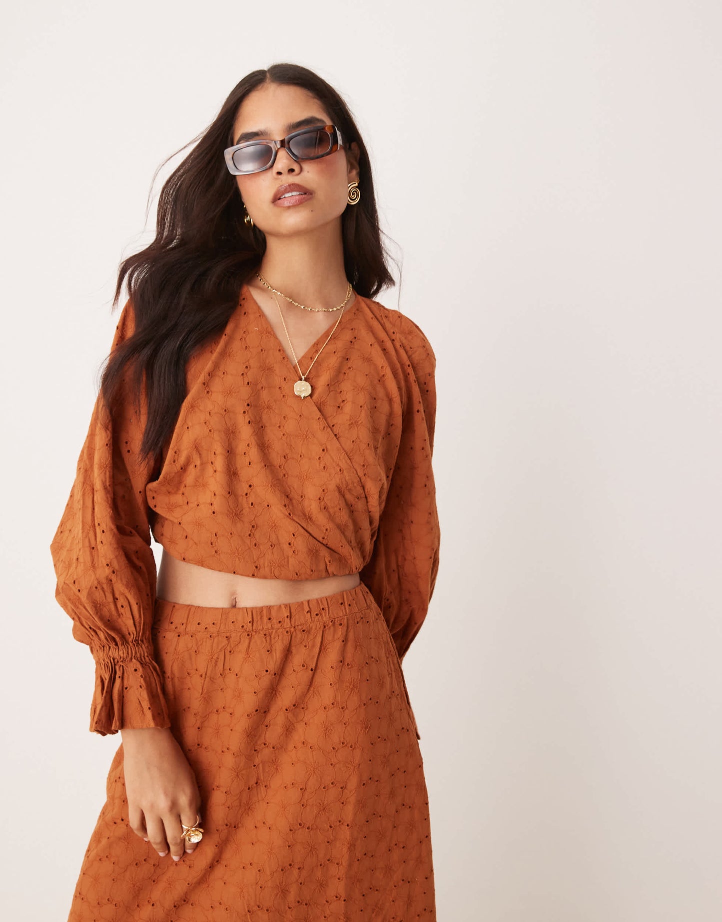 ASOS DESIGN co-ord premium wrap volume sleeve top in broderie in brown