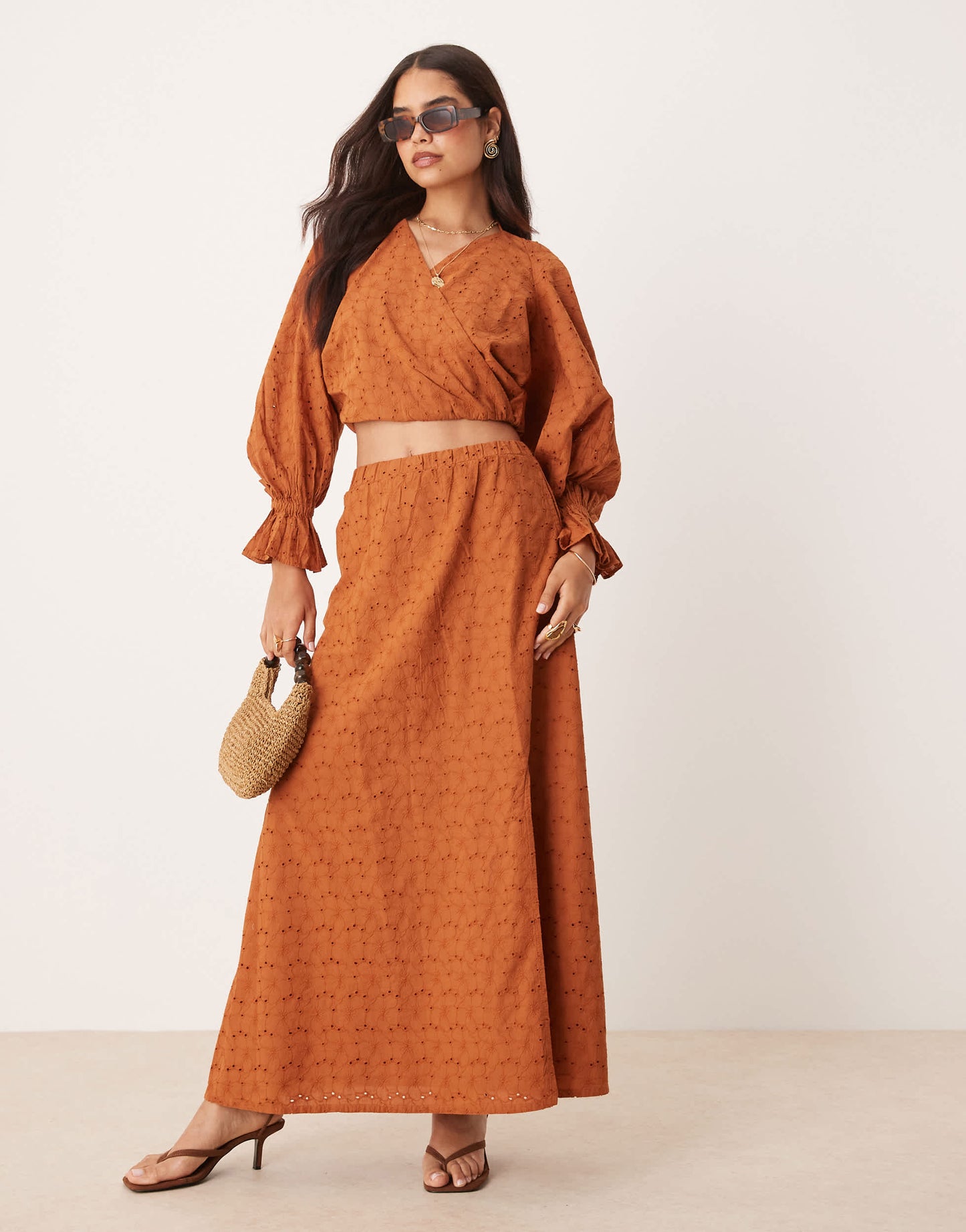 ASOS DESIGN co-ord premium wrap volume sleeve top in broderie in brown