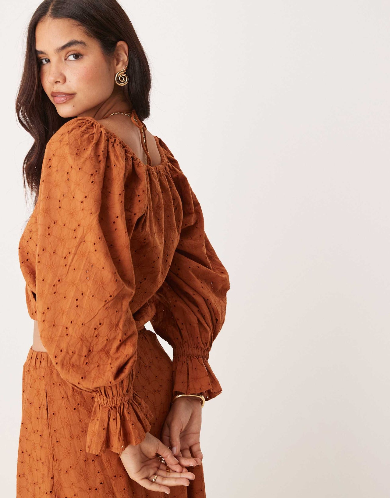 ASOS DESIGN co-ord premium wrap volume sleeve top in broderie in brown