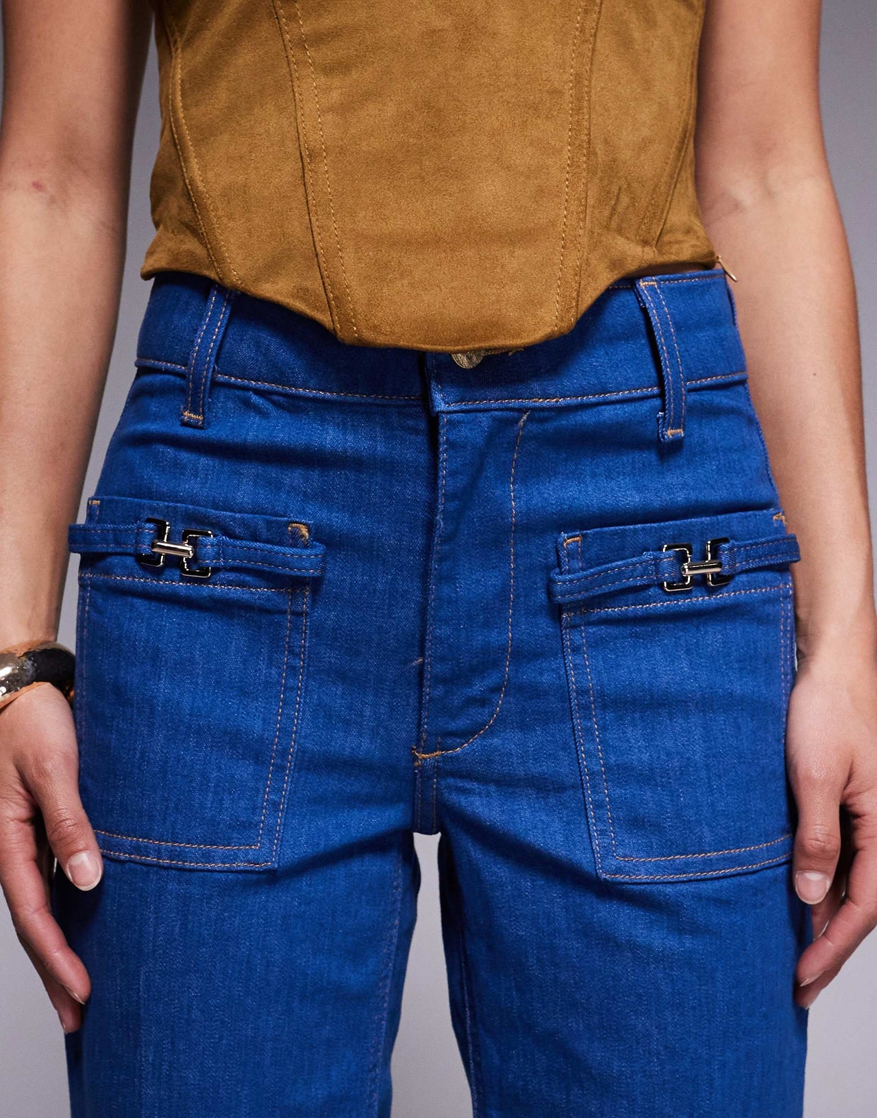 River Island Petite relaxed flare jean in bright blue