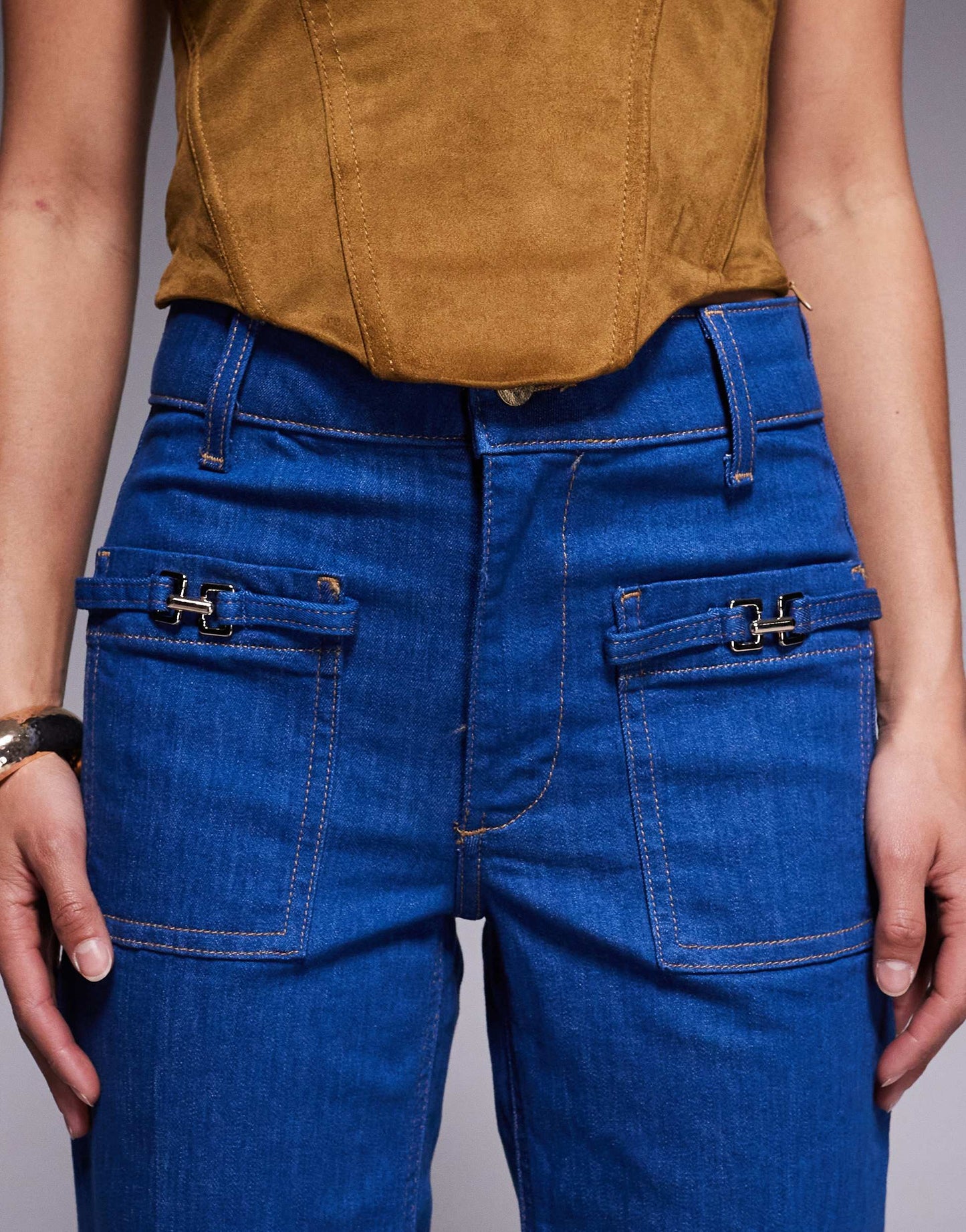 River Island Petite relaxed flare jean in bright blue