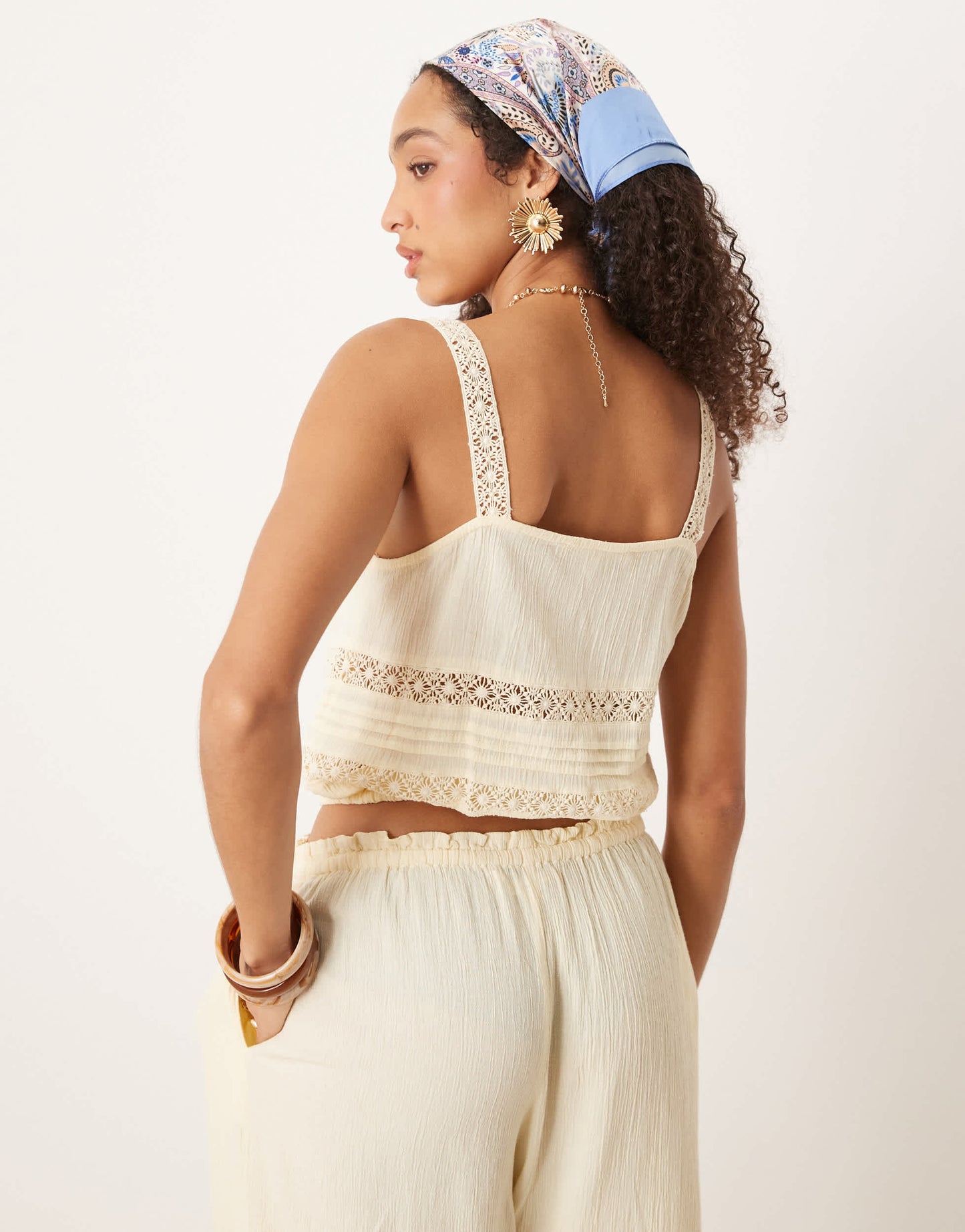 River Island crinkle tank top co-ord in light yellow
