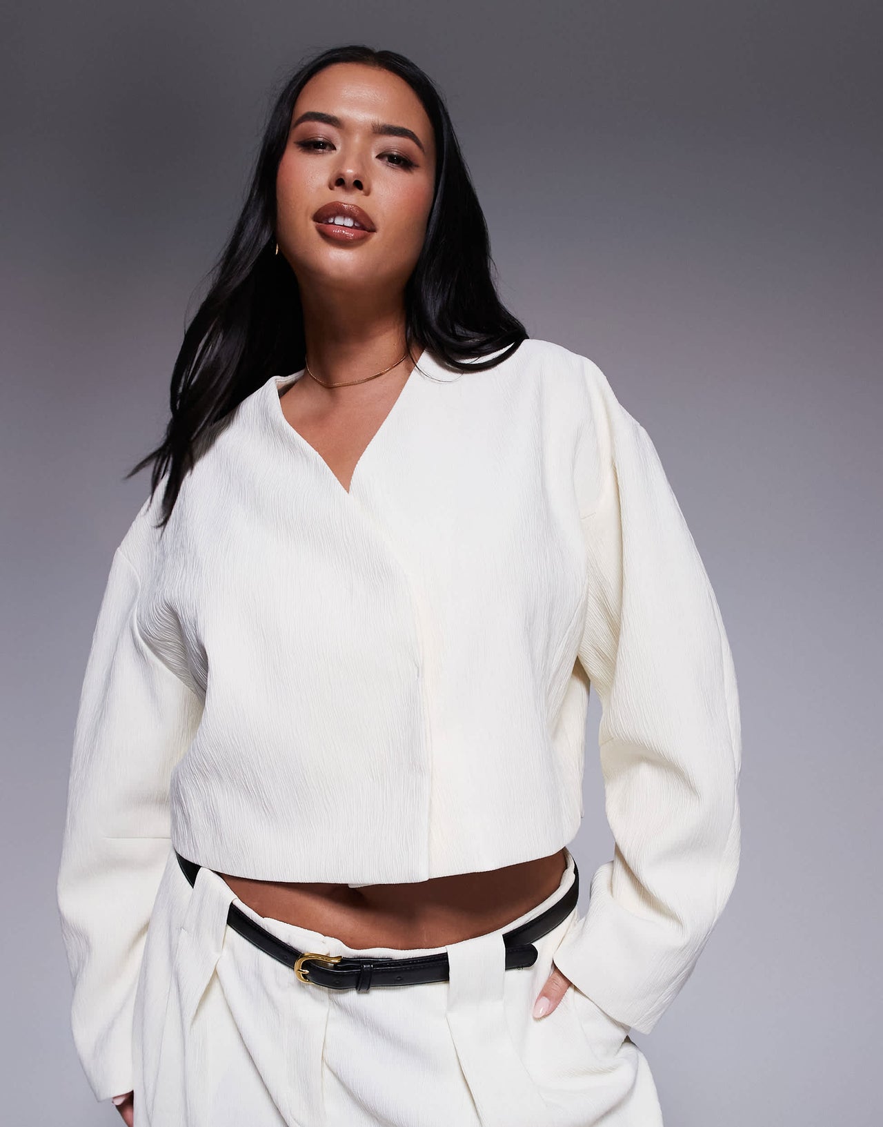 ASOS DESIGN Curve cropped textured blazer co-ord in cream