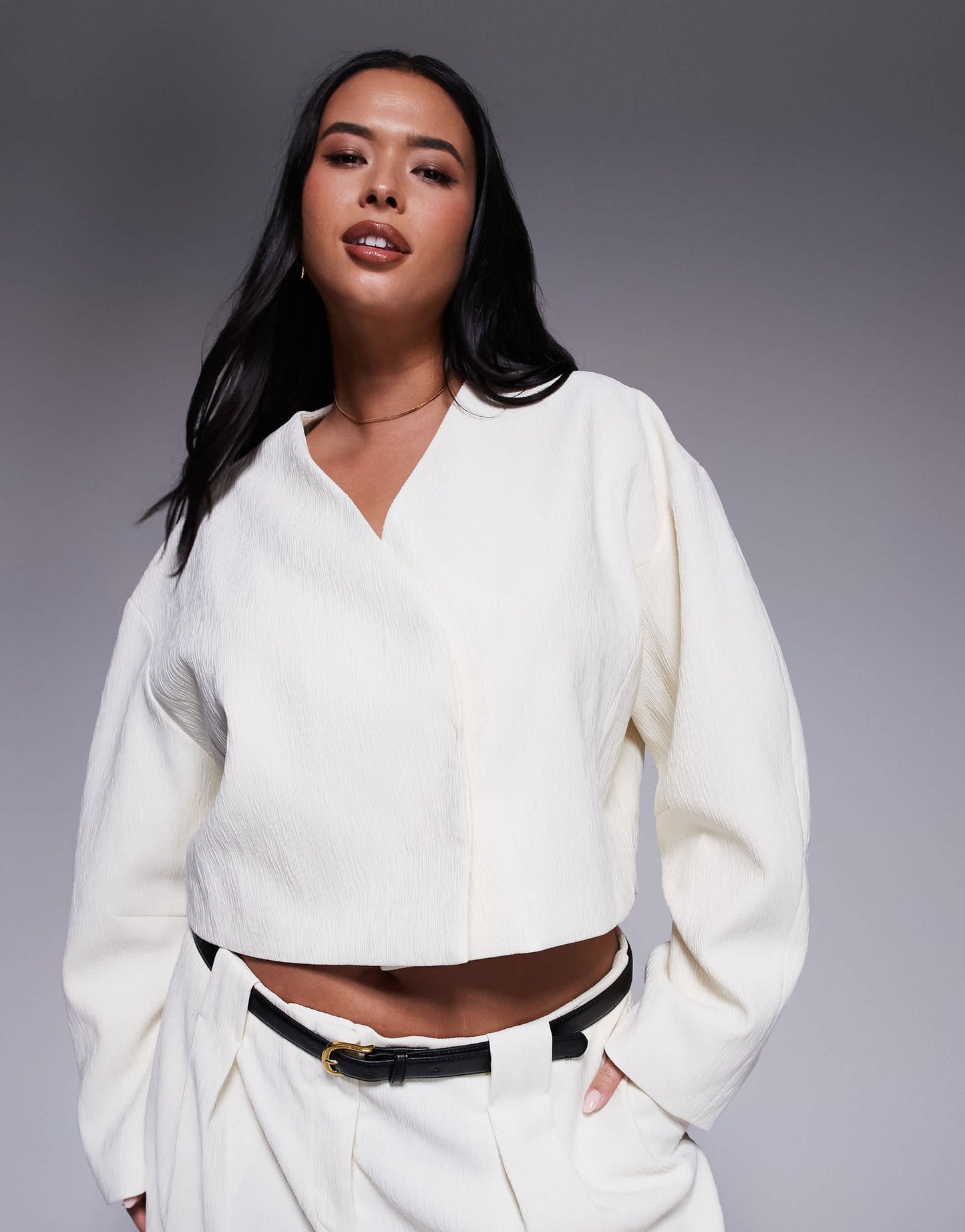 ASOS DESIGN Curve cropped textured blazer co-ord in cream