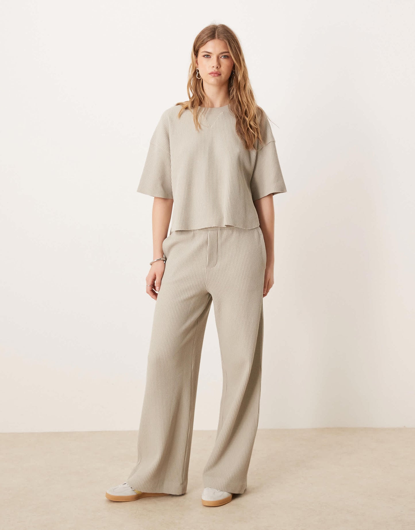 ASOS DESIGN heavyweight waffle co-ord short sleeve top in light khaki