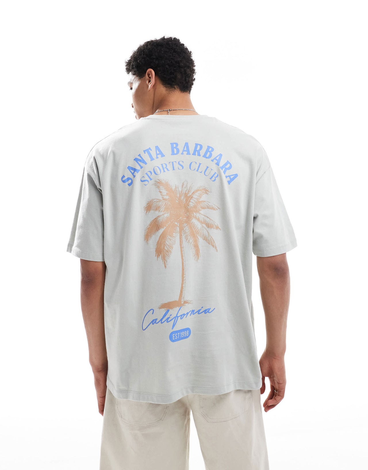 ASOS DESIGN oversized t-shirt with summer palm graphic in light grey