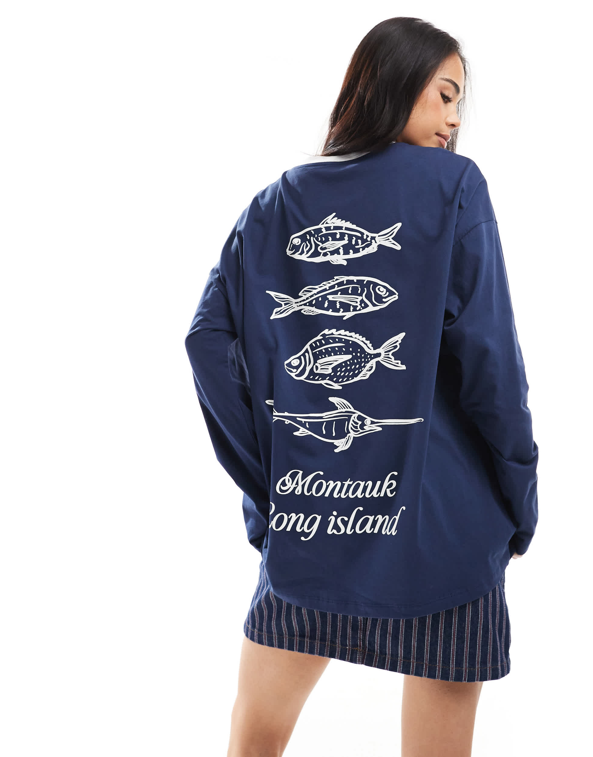 ASOS DESIGN oversized long sleeve ringer with fish illustration in navy