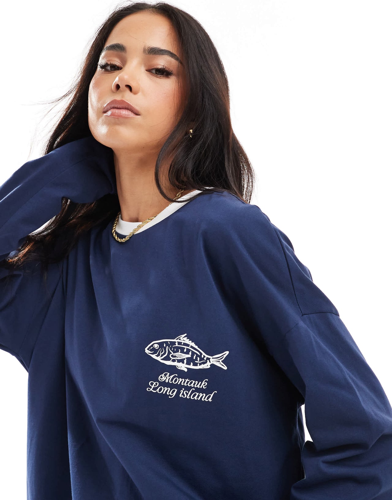 ASOS DESIGN oversized long sleeve ringer with fish illustration in navy