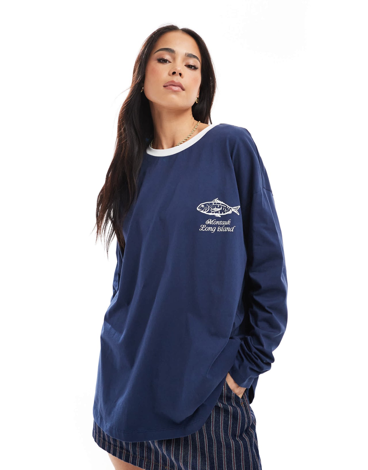 ASOS DESIGN oversized long sleeve ringer with fish illustration in navy