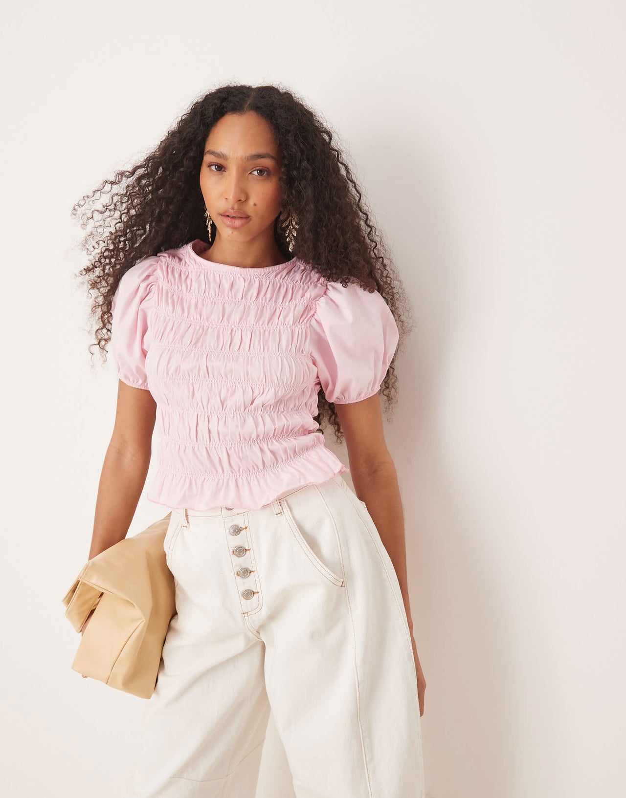 ASOS DESIGN cotton shirred top with frill peplum and puff sleeve in baby pink