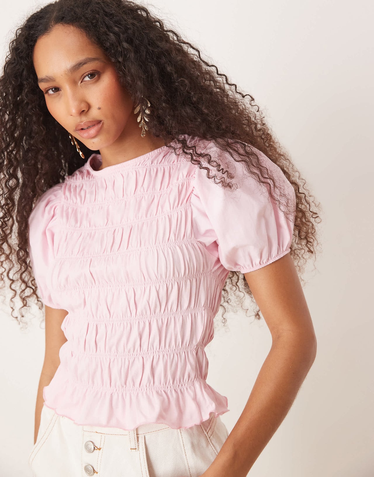 ASOS DESIGN cotton shirred top with frill peplum and puff sleeve in baby pink