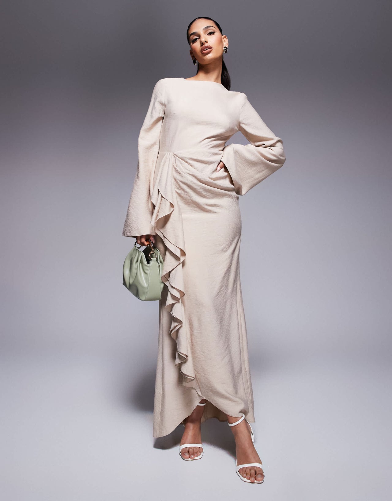 ASOS DESIGN long sleeve linen maxi dress with ruffle skirt in stone