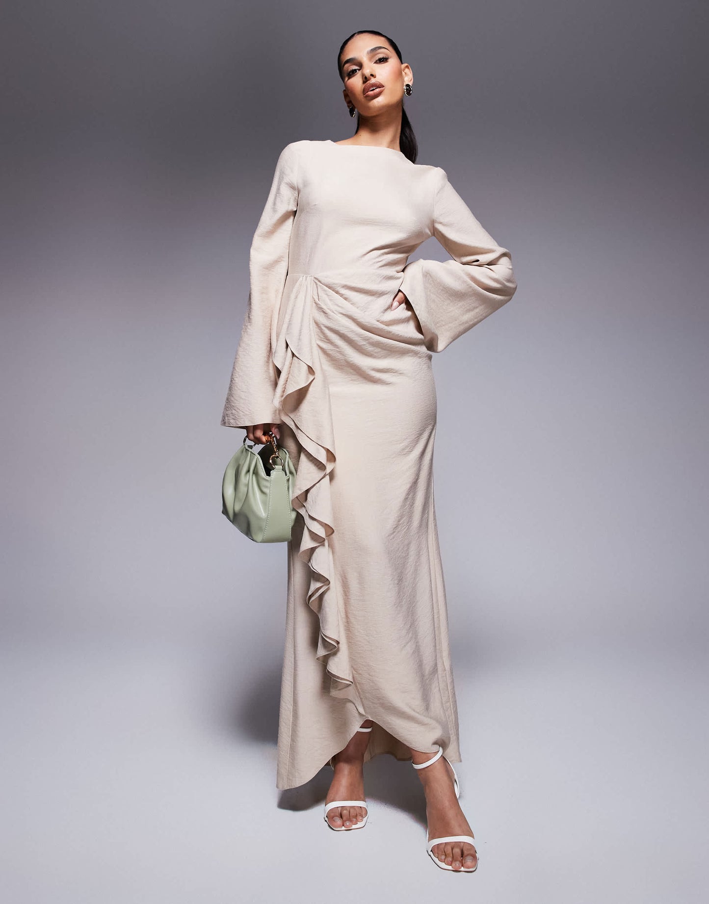 ASOS DESIGN long sleeve linen maxi dress with ruffle skirt in stone
