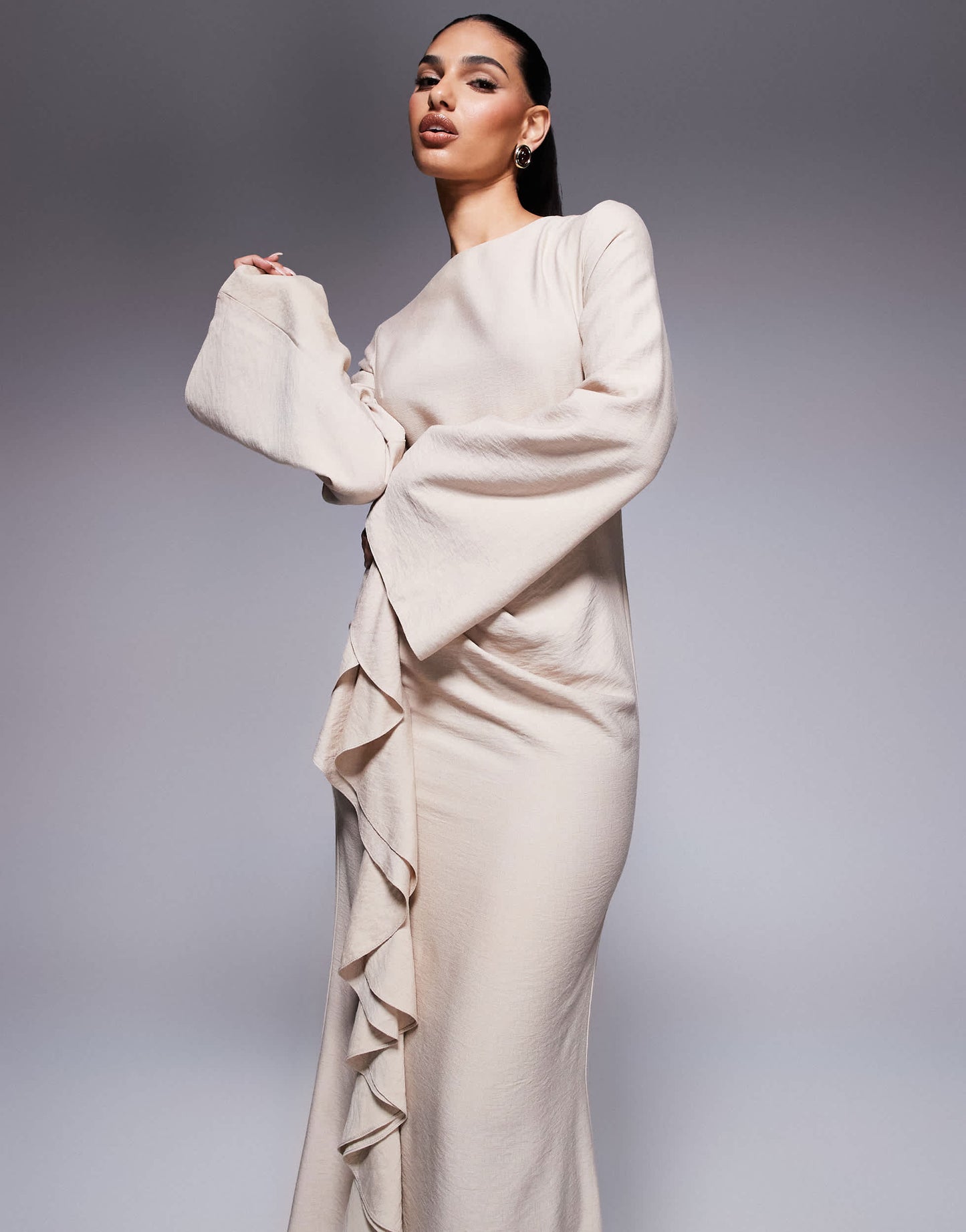 ASOS DESIGN long sleeve linen maxi dress with ruffle skirt in stone
