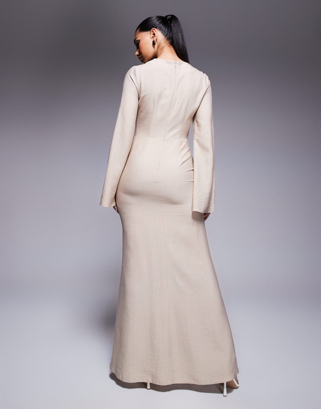 ASOS DESIGN long sleeve linen maxi dress with ruffle skirt in stone