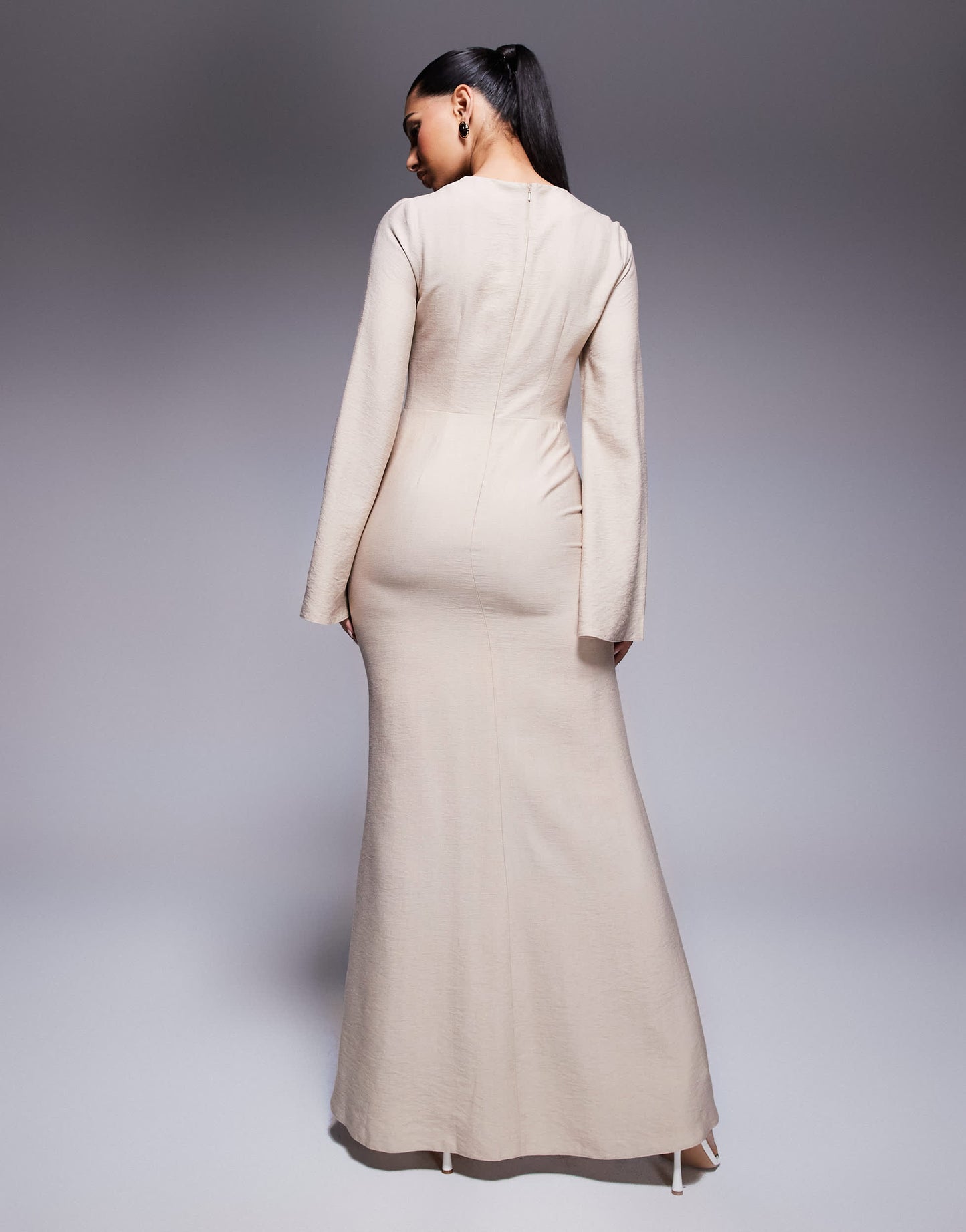 ASOS DESIGN long sleeve linen maxi dress with ruffle skirt in stone