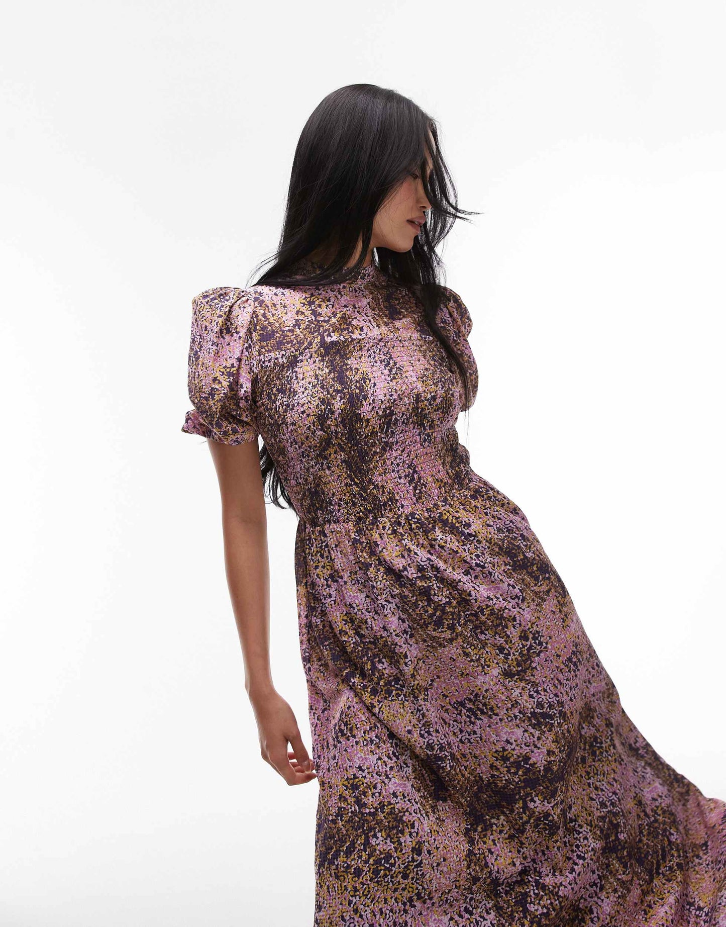 & Other Stories puff sleeves midi dress with shirred bodice in lilac abstract print
