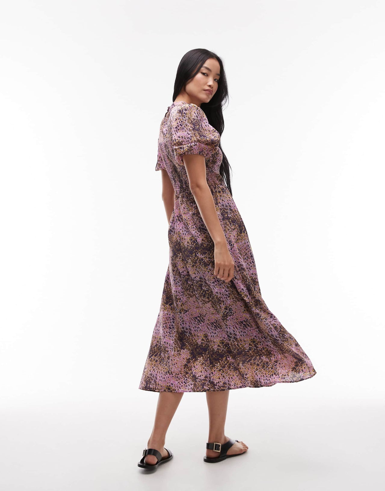 & Other Stories puff sleeves midi dress with shirred bodice in lilac abstract print