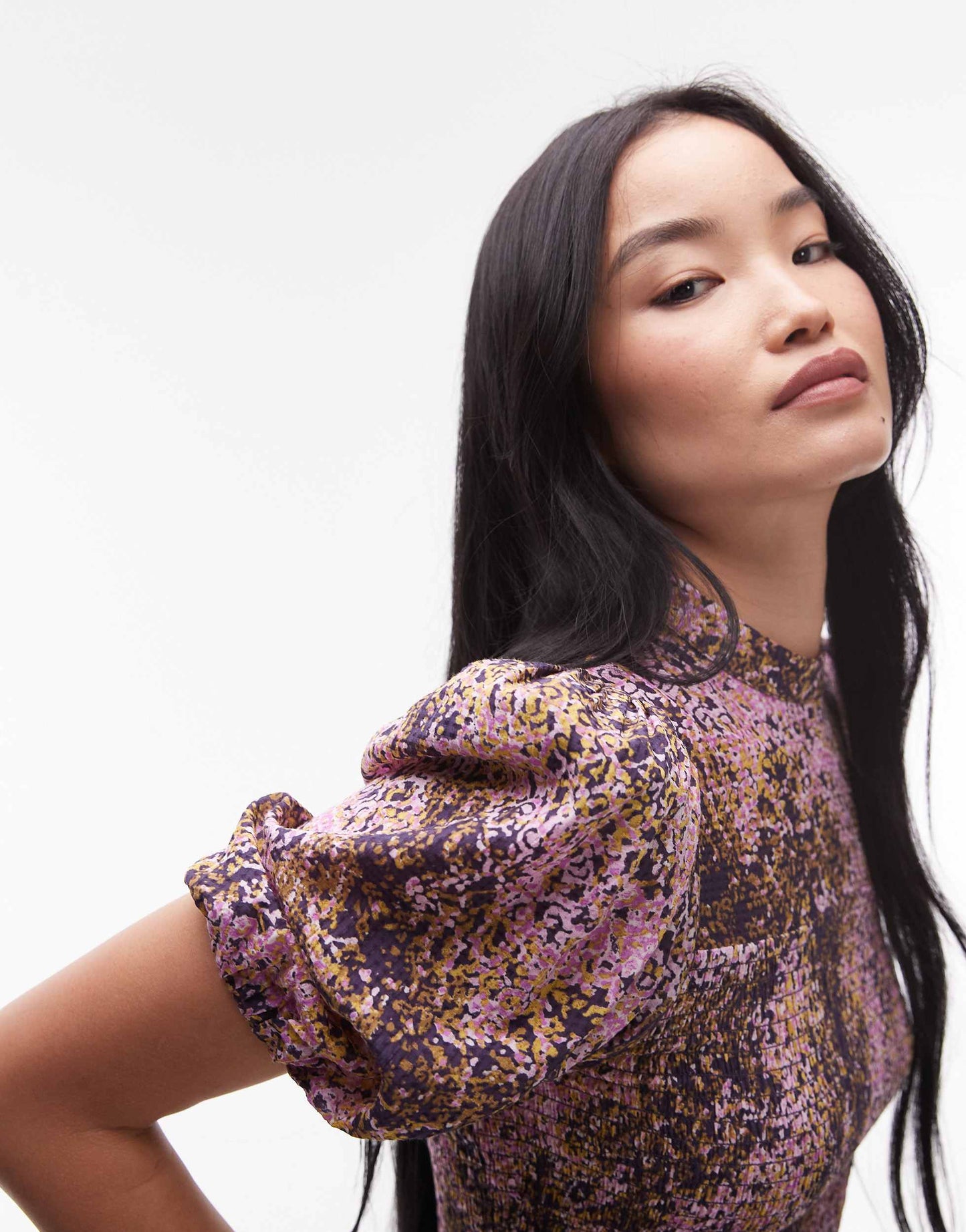 & Other Stories puff sleeves midi dress with shirred bodice in lilac abstract print